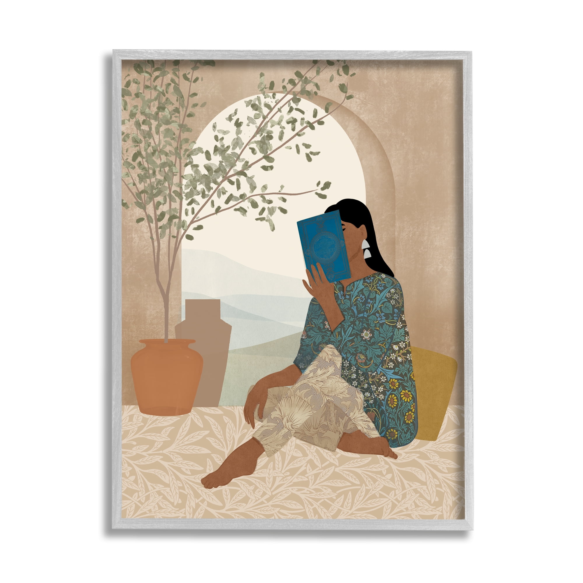 Stupell Industries Boho Woman Reading Botanical & Floral Painting Gray Framed Art Print Wall Art, 11 x 14