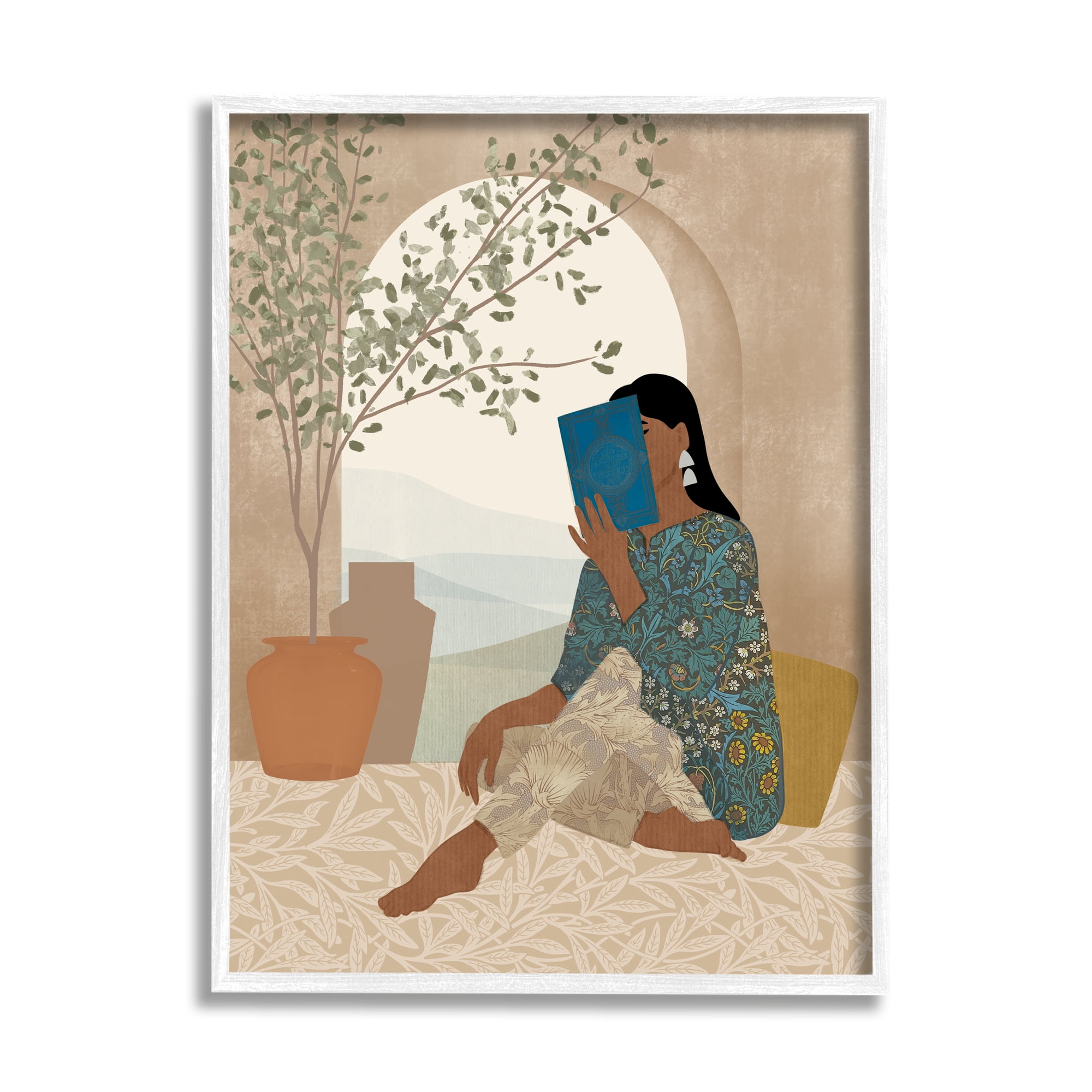 Stupell Industries Boho Woman Reading Botanical & Floral Painting White Framed Art Print Wall Art, 11 x 14