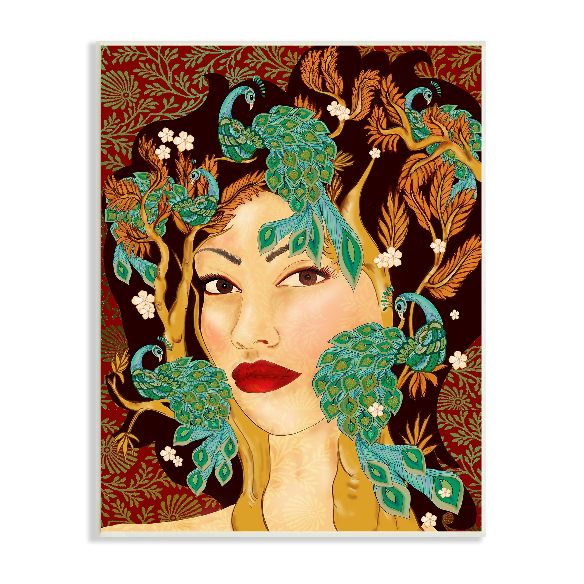 Boho Woman Regal Peacock Birds Foliage Wood Wall Plaque