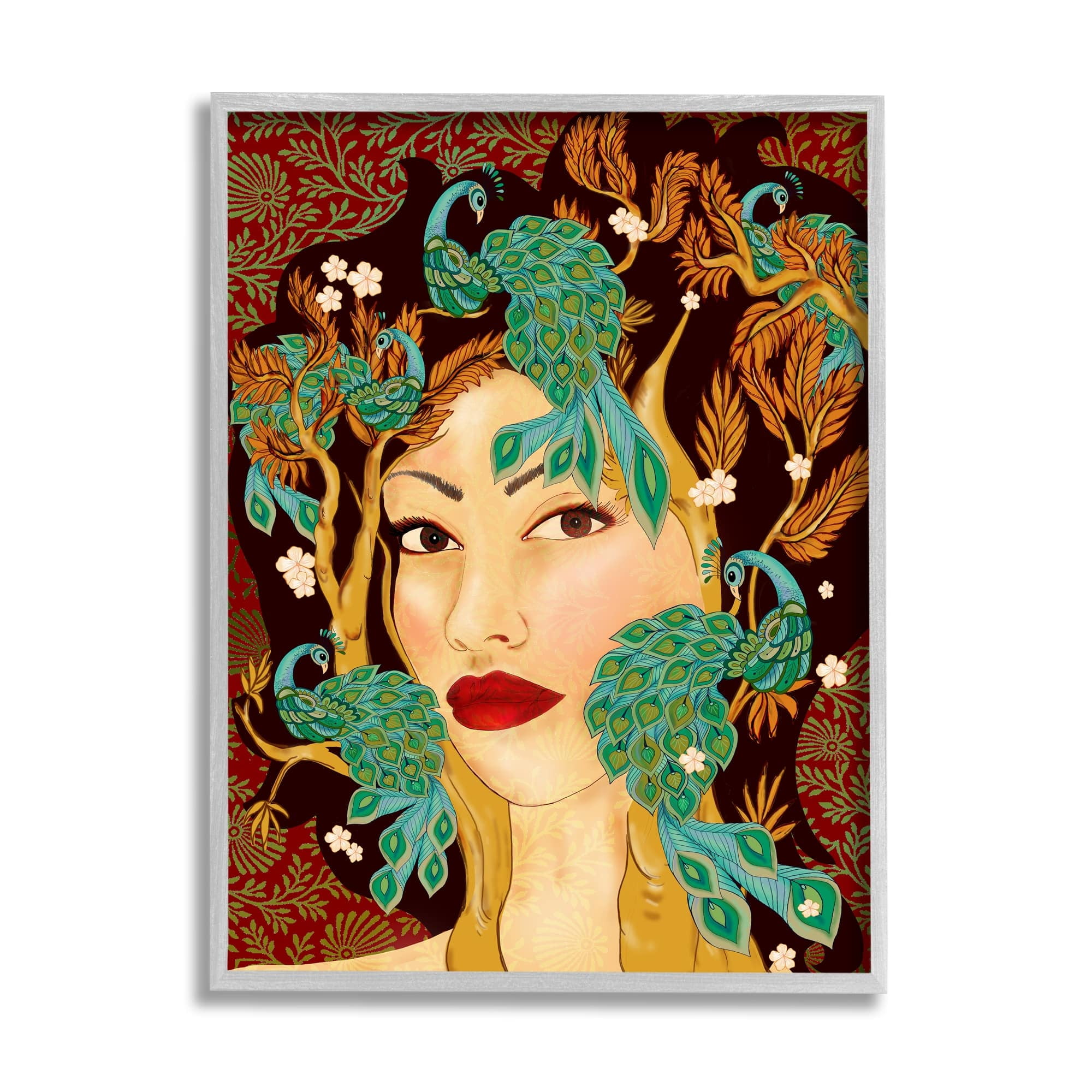 Stupell Industries Boho Woman Regal Peacock Birds Abstract Foliage Pattern, 24 x 30,Design by Sangita Bachelet