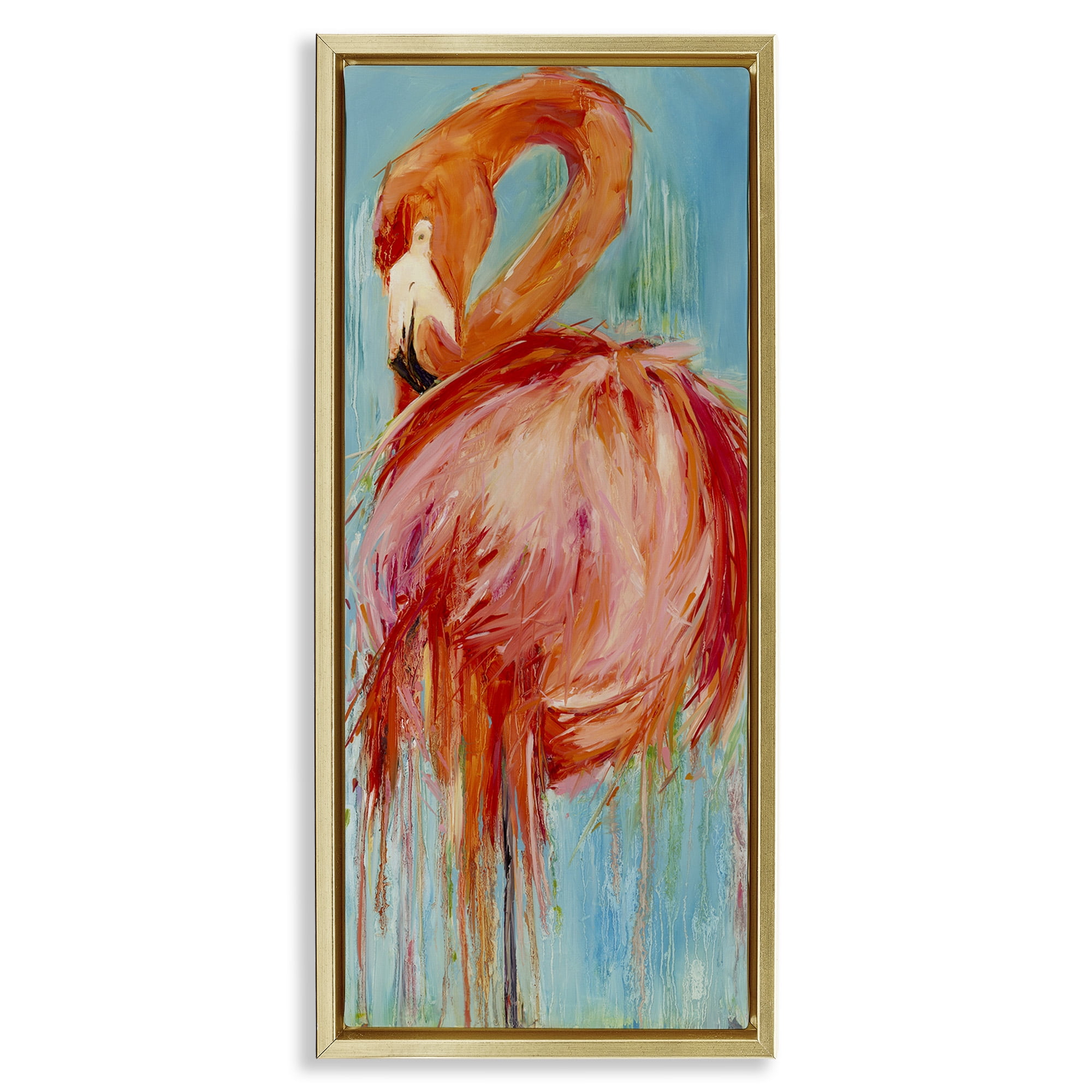 Stupell Industries Bold Abstract Flamingo Painting Nature Painting Gold Floater Framed Canvas Art Print Wall Art, 11 x 25