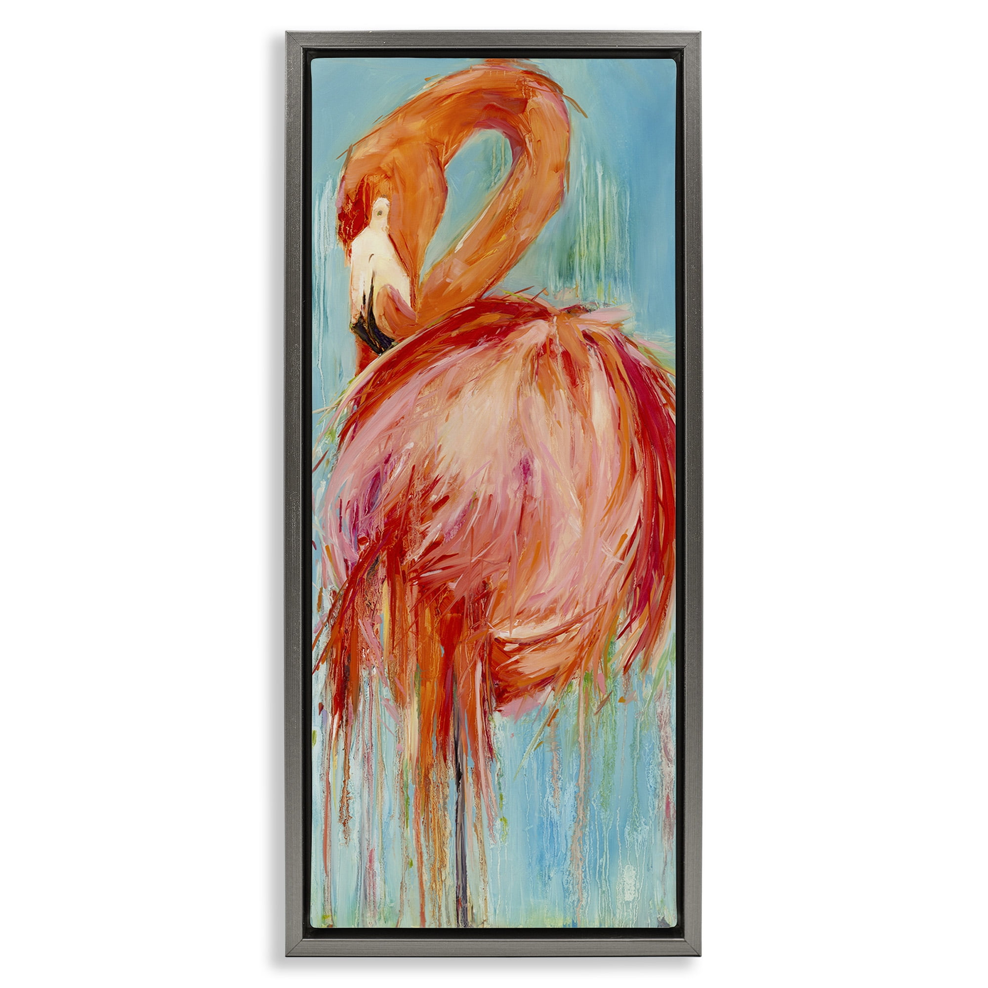 Stupell Industries Bold Abstract Flamingo Painting Nature Painting Gray Floater Framed Canvas Art Print Wall Art, 15 x 31