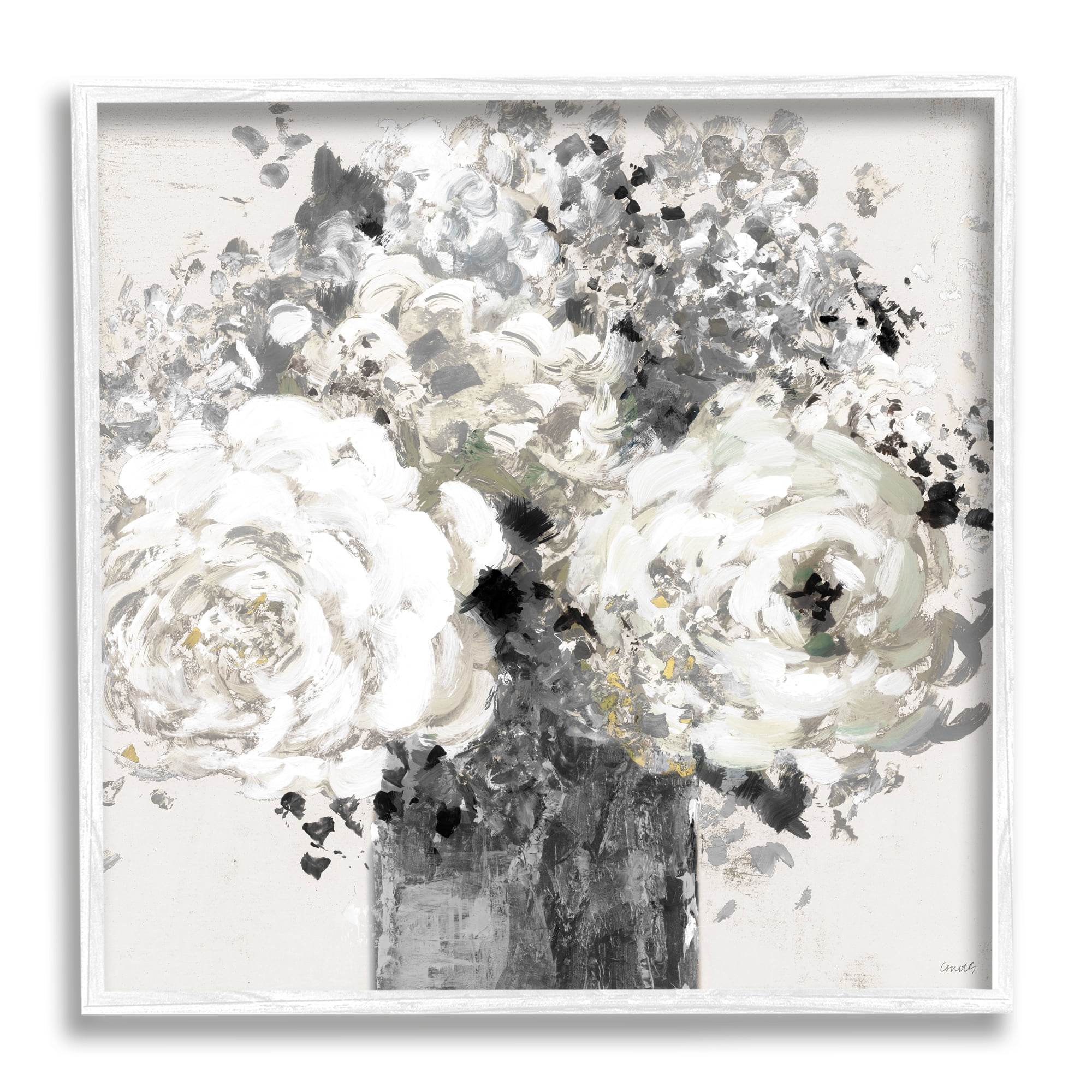 White and Gray Abstract Floral Arrangement Framed Wall Art, 12 x 12