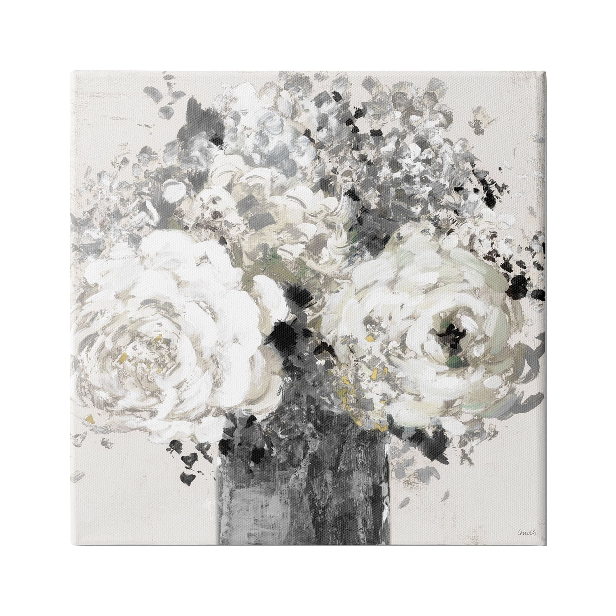 Bold Abstract Floral Arrangement Black and Cream Canvas Wall Art