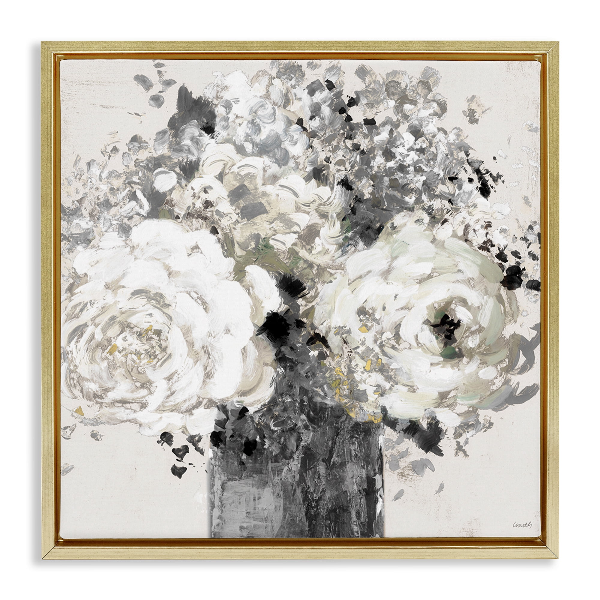 Stupell Industries Bold Abstract Floral Arrangement Botanical & Floral Painting Gold Floater Framed Canvas Art Print Wall Art, 25 x 25