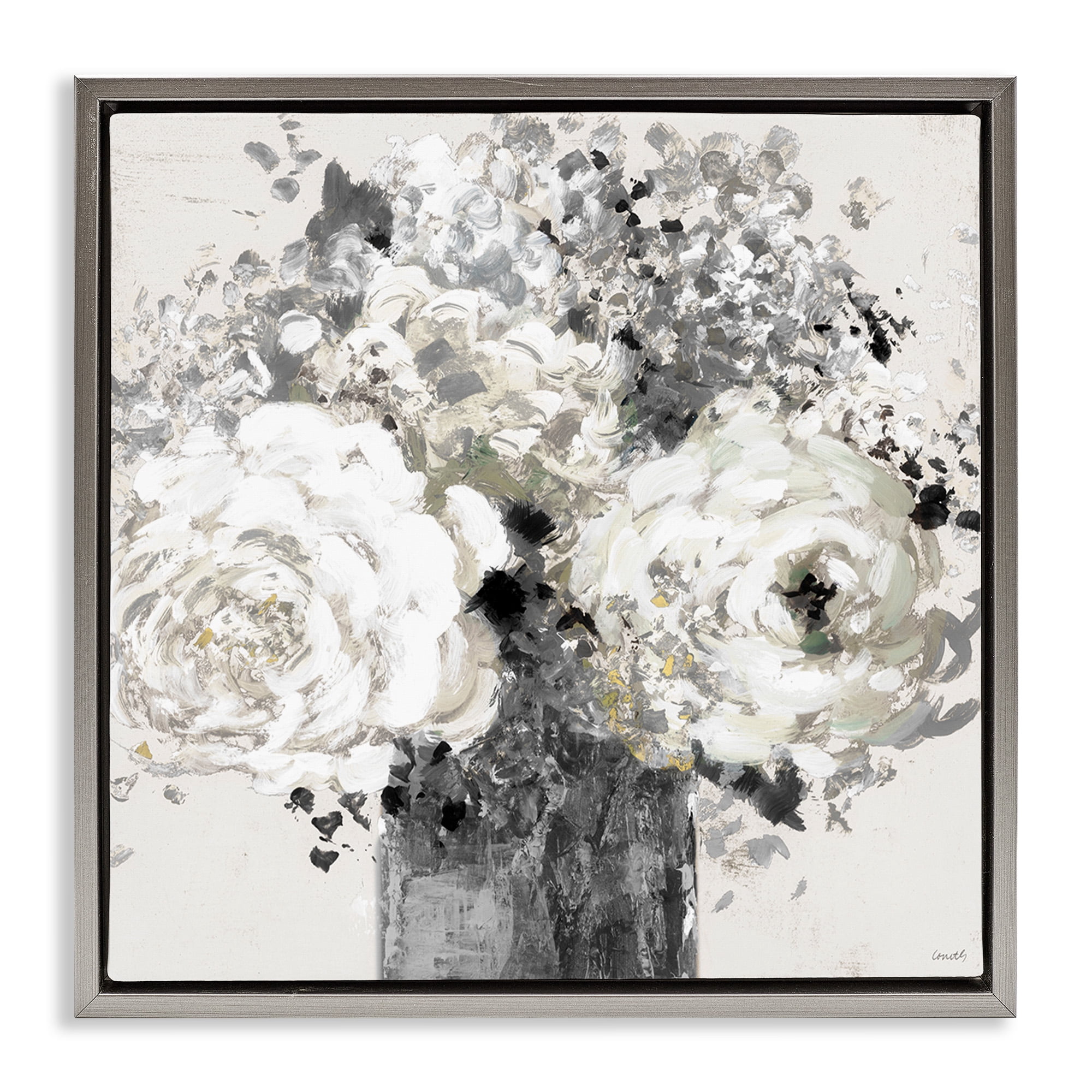 Stupell Industries Bold Abstract Floral Arrangement Botanical & Floral Painting Gray Floater Framed Canvas Art Print Wall Art, 25 x 25