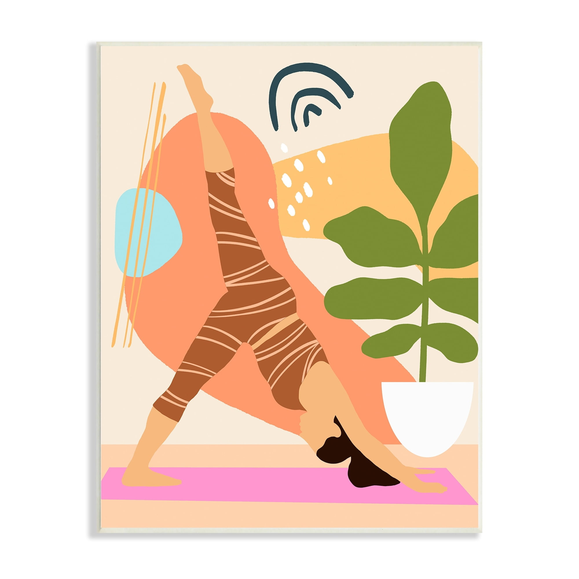 Bold Abstract Shapes Yoga Fitness Person Houseplant Wood Wall Art