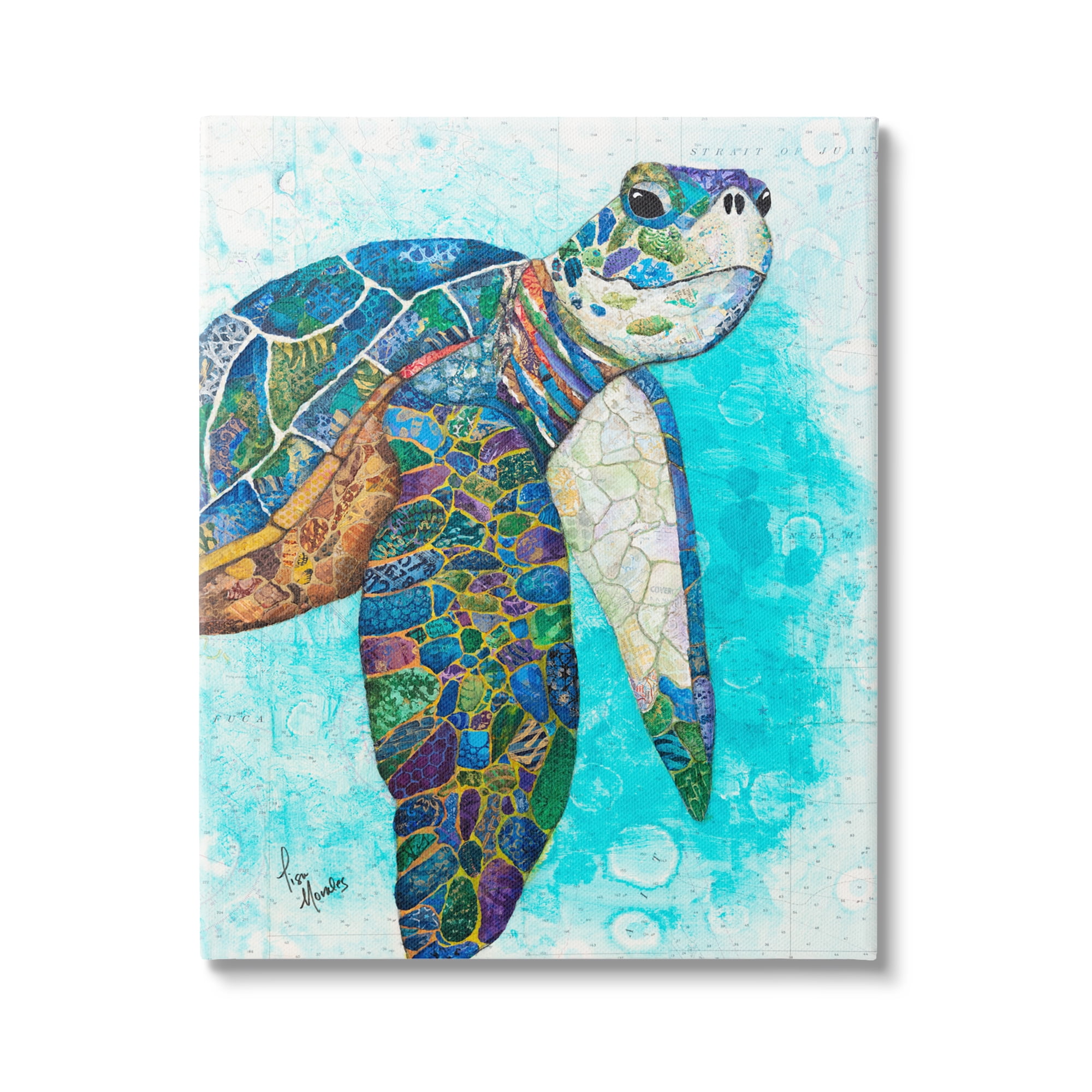 Colorful Sea Turtle Collage Canvas Art with Gold Frame