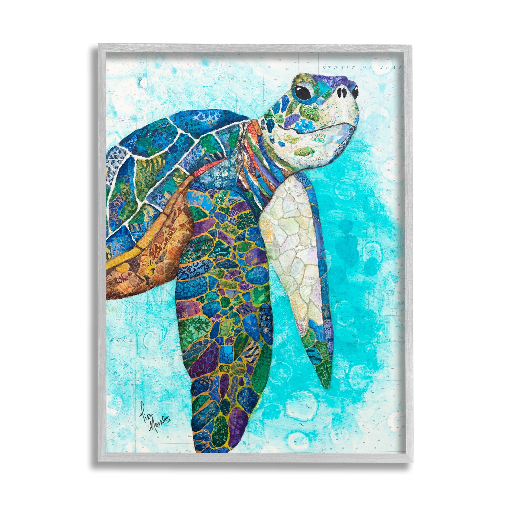 Stupell Industries Bold Aquatic Sea Turtle Pebbled Collage Patterns Painting Gray Framed Art Print Wall Art, Design by Lisa Morales
