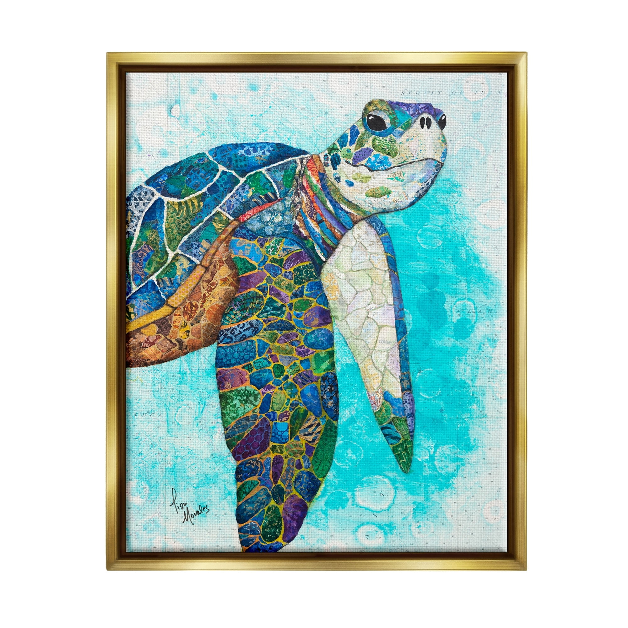 Bold Aquatic Sea Turtle Collage Painting with Gold Frame