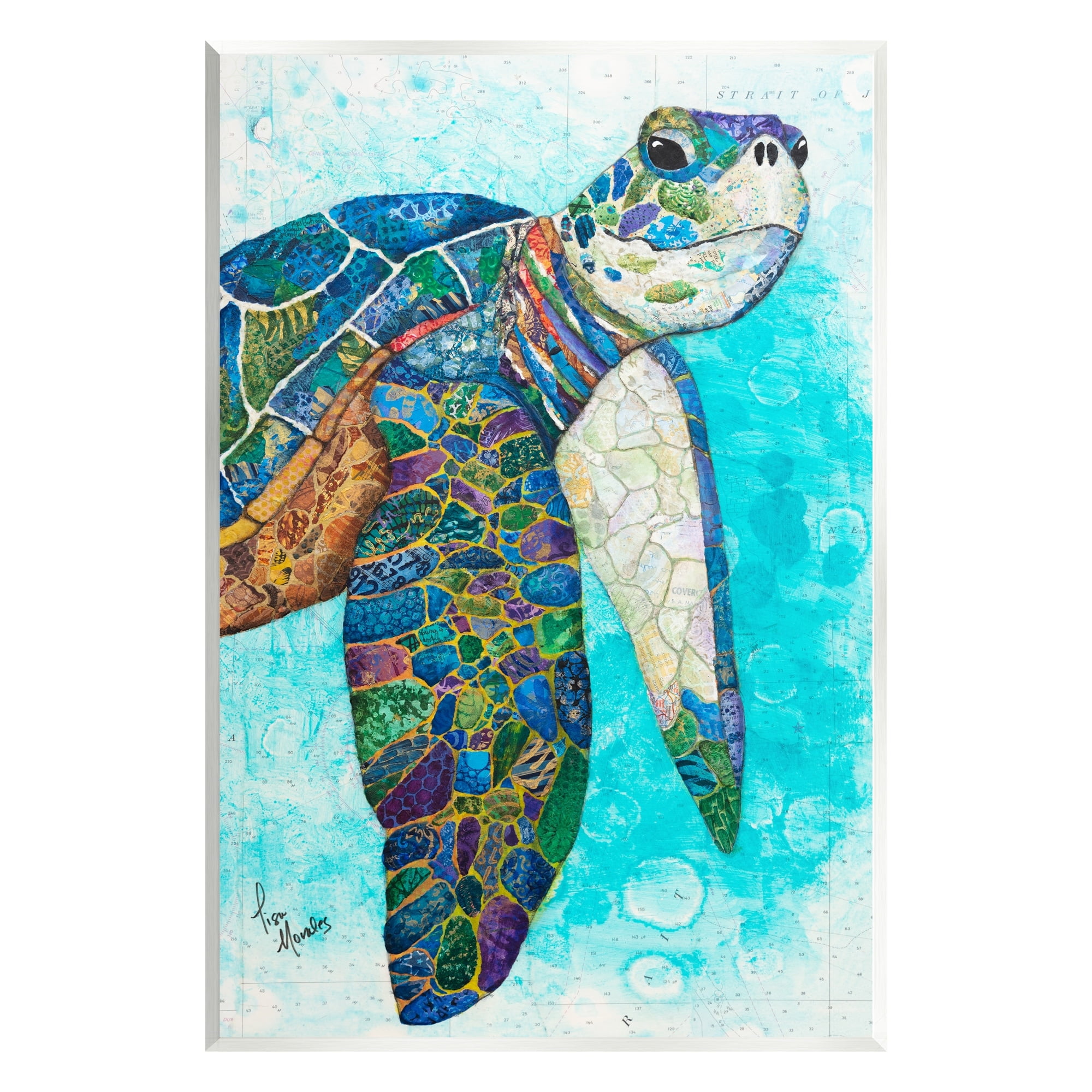 Colorful Sea Turtle Collage Art Print on MDF Wood