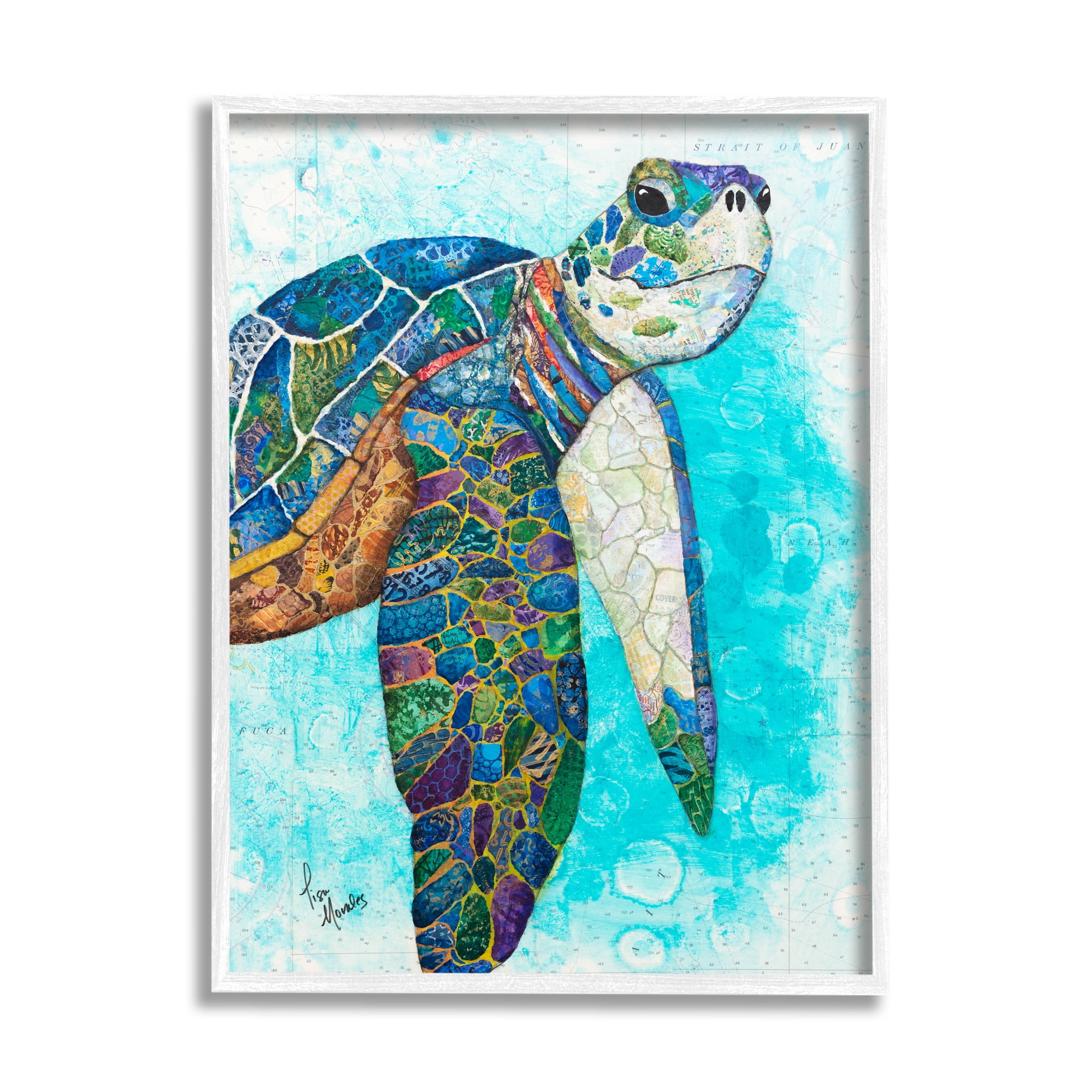 Stupell Industries Bold Aquatic Sea Turtle Pebbled Collage Patterns Painting White Framed Art Print Wall Art, Design by Lisa Morales