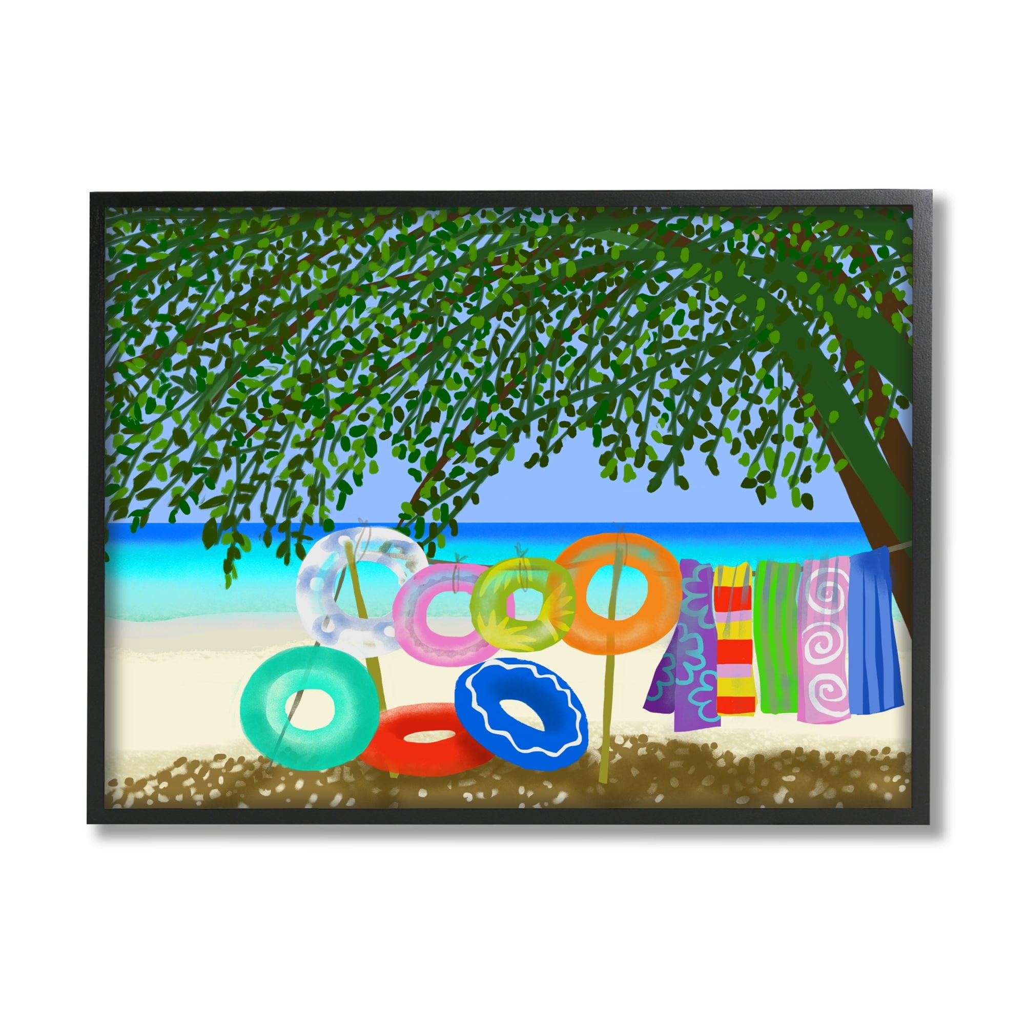 Stupell Industries Bold Beach Floats Overhanging Tree Coastal Shoreline Graphic Art Black Framed Art Print Wall Art, Design by unknown