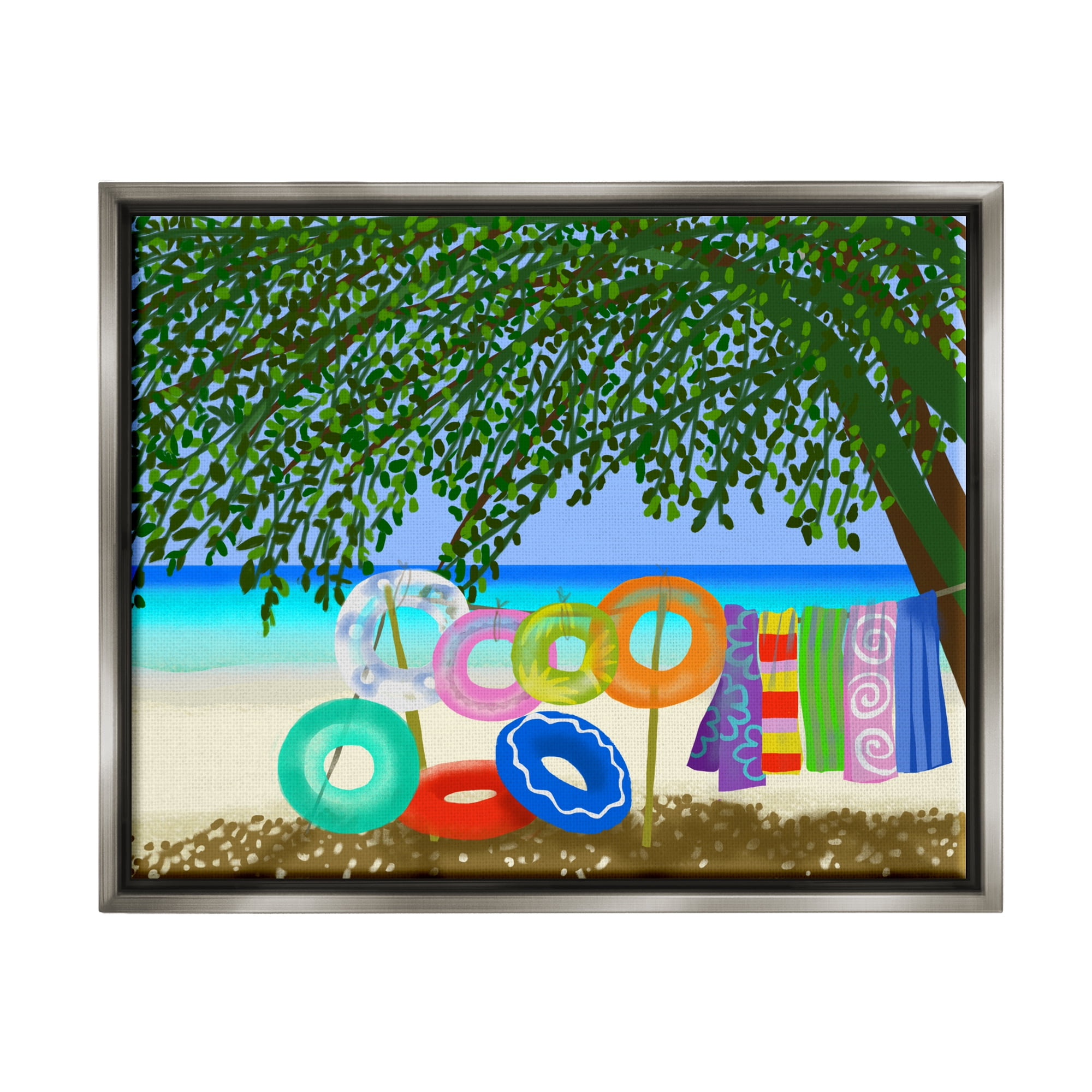 Stupell Industries Bold Beach Floats Overhanging Tree Coastal Shoreline Graphic Art Luster Gray Floating Framed Canvas Print Wall Art, Design by unknown