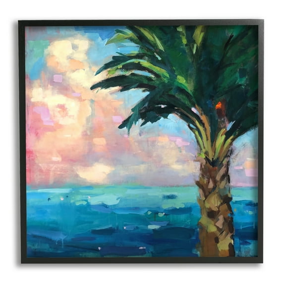 Stupell Industries Bold Beach Horizon Palm Tree Pink Sunlit Clouds Painting Black Framed Art Print Wall Art, Design by Page Pearson Railsback