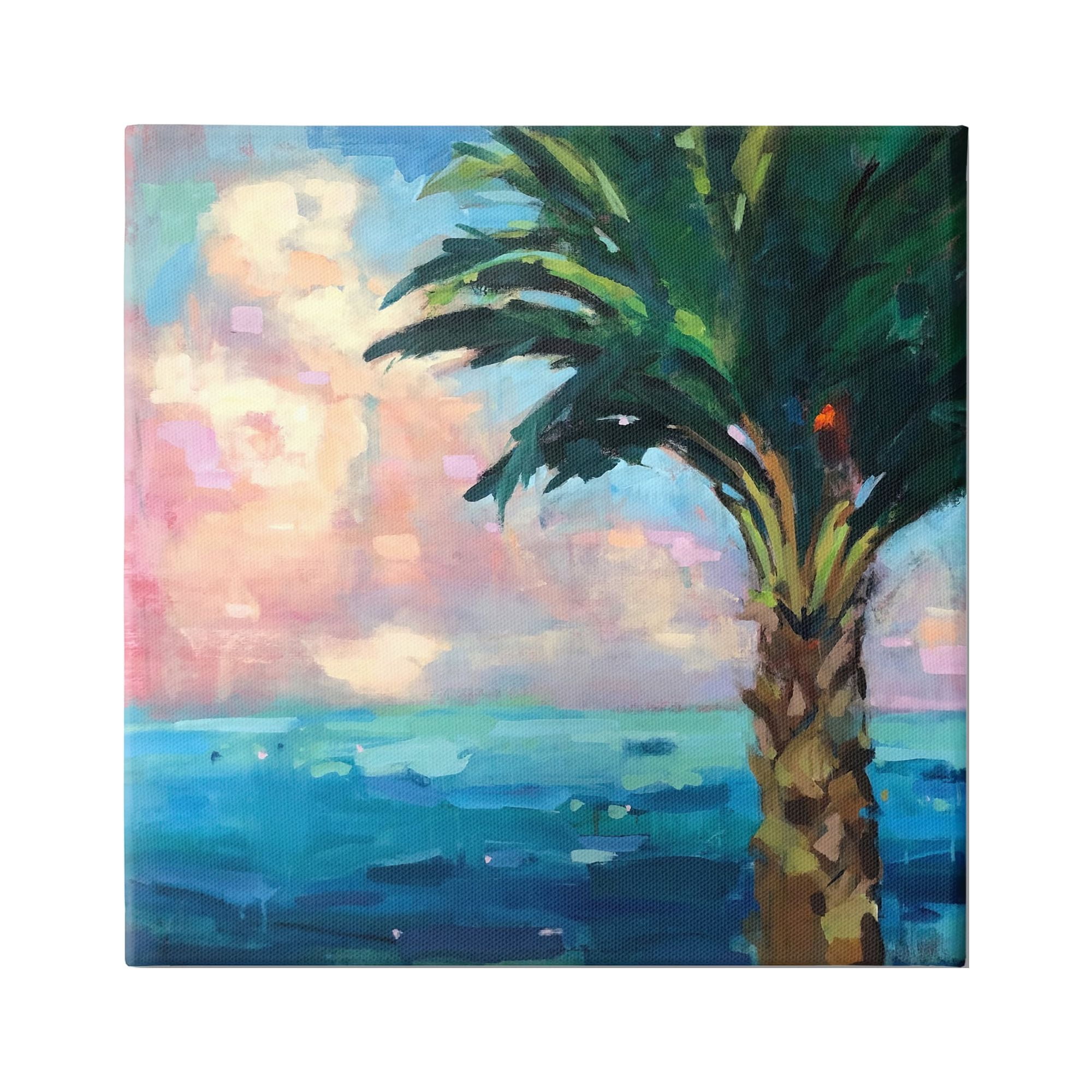 Bold Beach Horizon Palm Tree Pink Sunlit Clouds Canvas Wall Art