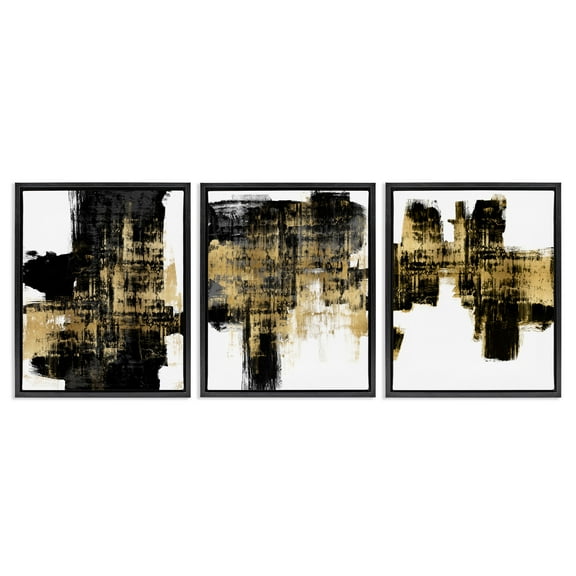 Stupell Industries Bold Black Brushstrokes with Gold Abstract Painting Black Floater Framed Canvas Art Print Wall Art, 17 x 21, Set of 3