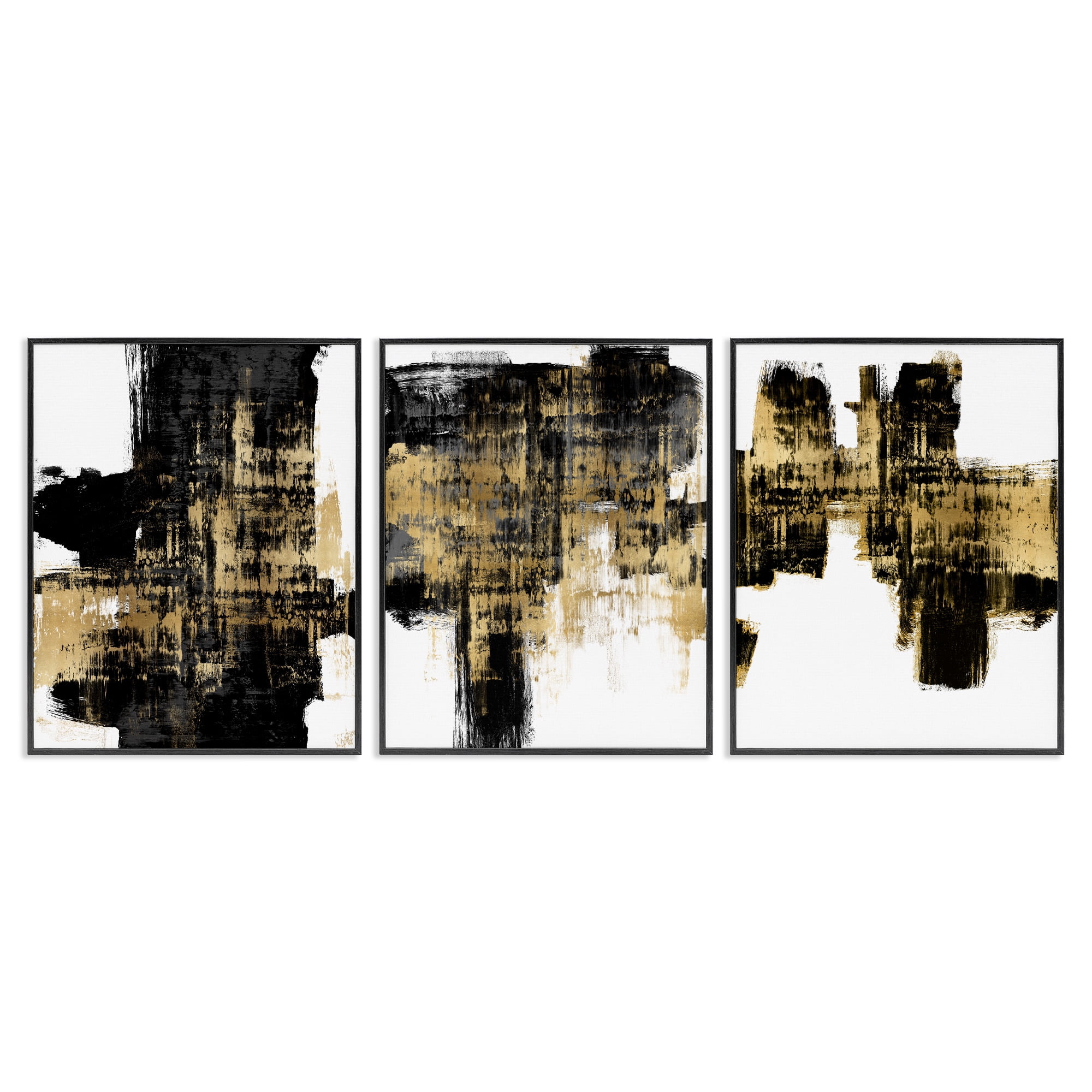 Stupell Industries Bold Black Brushstrokes with Gold Abstract Painting Black Framed Art Print Wall Art, 24 x 30, Set of 3