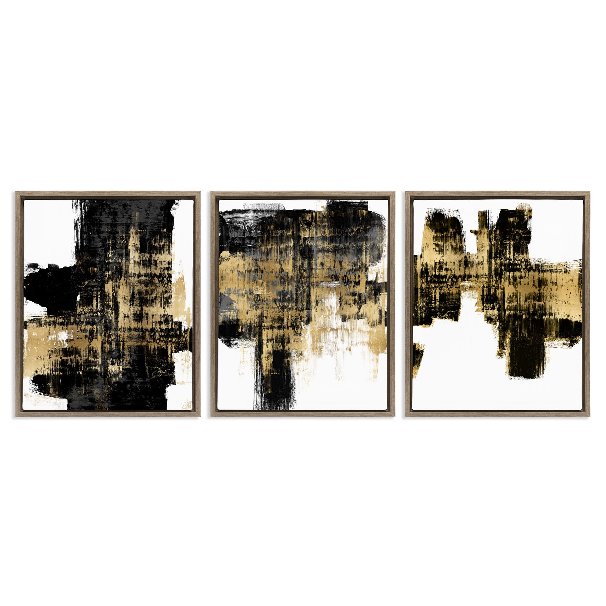 Stupell Industries Bold Black Brushstrokes with Gold Abstract Painting Brown Floater Framed Canvas Art Print Wall Art, 17 x 21, Set of 3