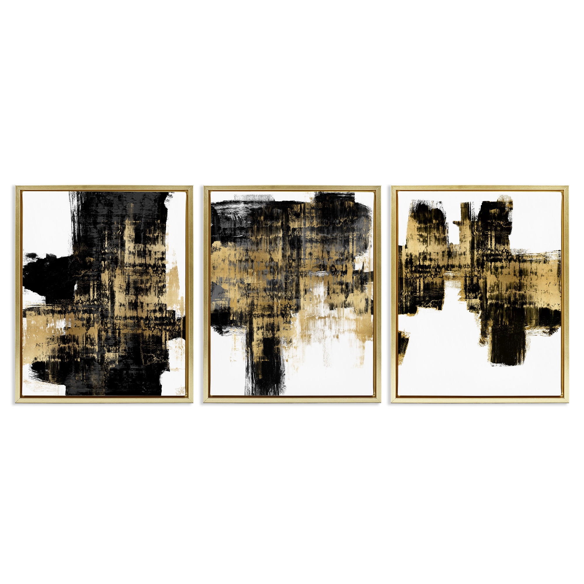 Stupell Industries Bold Black Brushstrokes with Gold Abstract Painting Gold Floater Framed Canvas Art Print Wall Art, 17 x 21, Set of 3