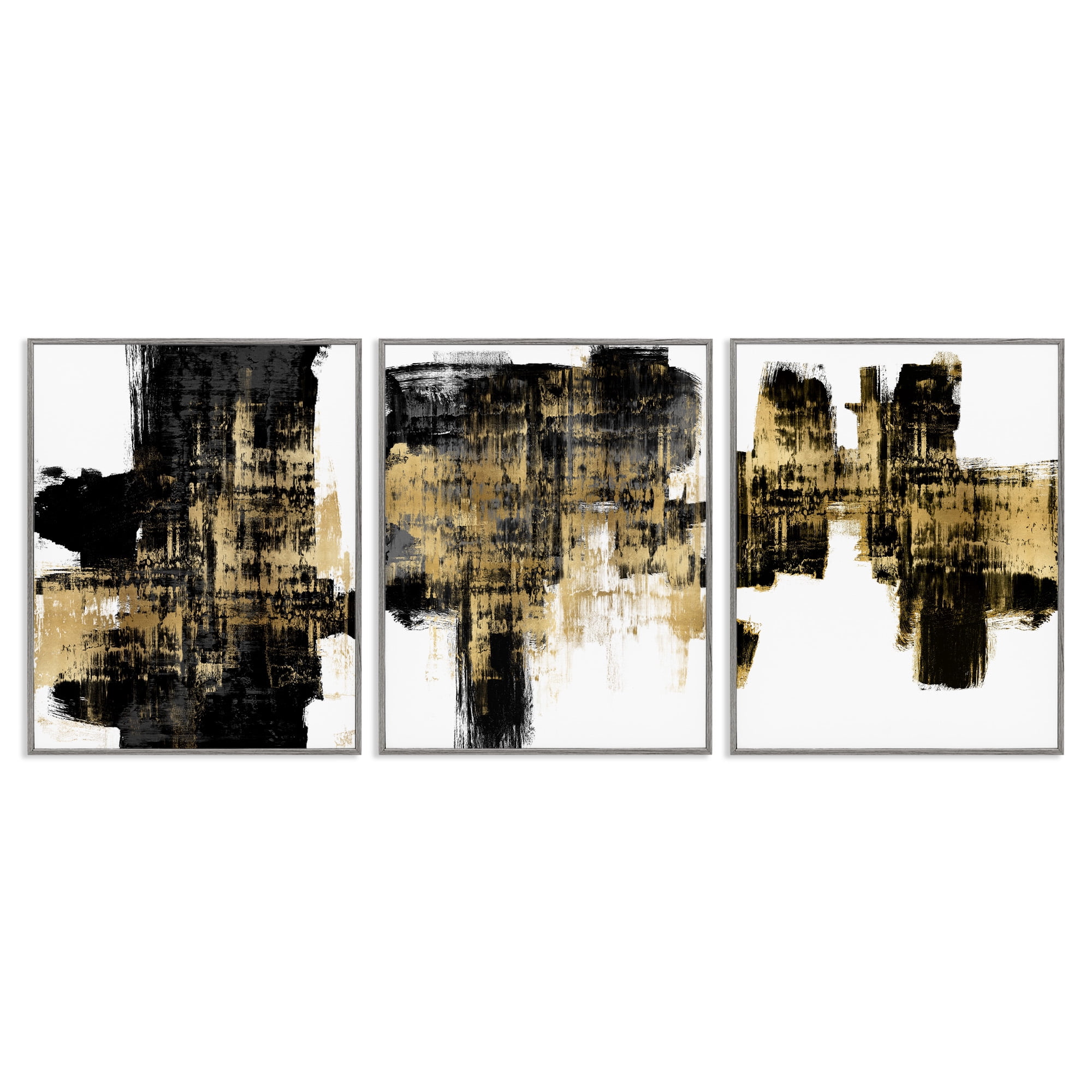 Stupell Industries Bold Black Brushstrokes with Gold Abstract Painting Gray Framed Art Print Wall Art, 24 x 30, Set of 3