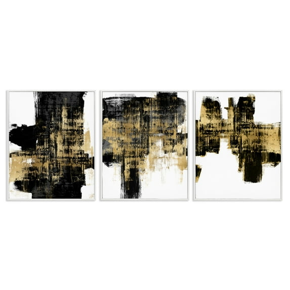 Stupell Industries Bold Black Brushstrokes with Gold Abstract Painting White Framed Art Print Wall Art, 16 x 20, Set of 3