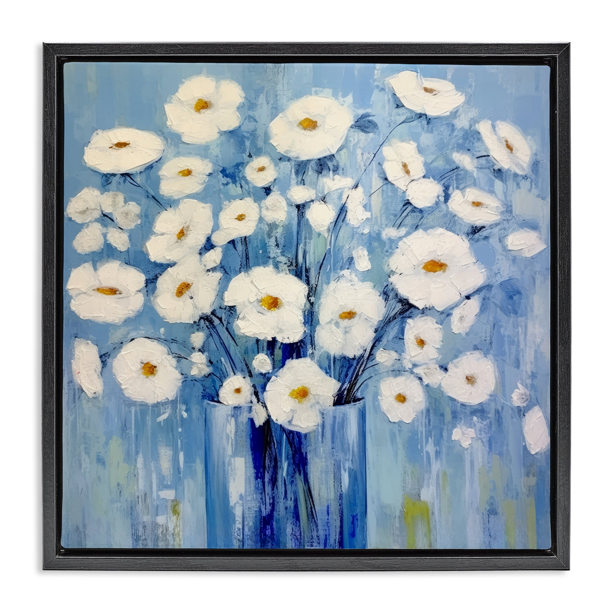 Stupell Industries Bold Blooms on Blue Plants & Flowers Painting Black Floater Framed Canvas Art Print Wall Art, 25 x 25
