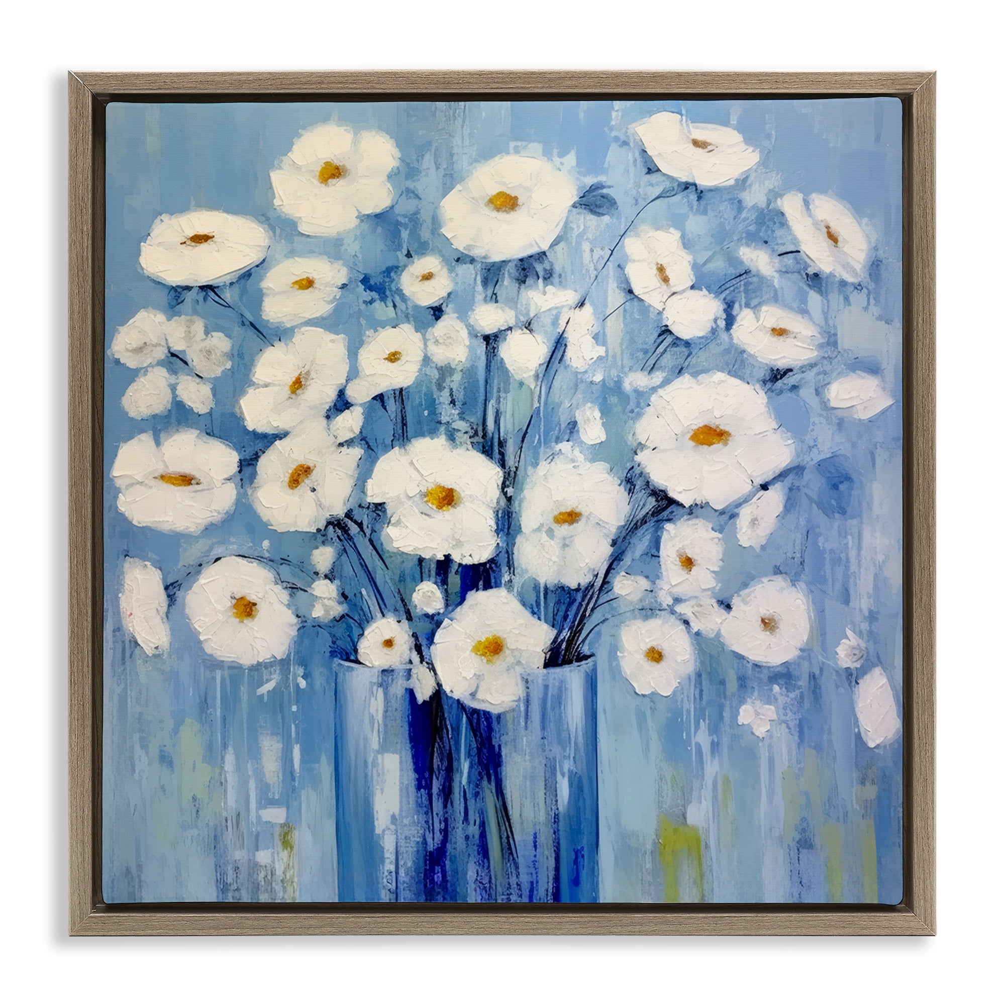 Stupell Industries Bold Blooms on Blue Plants & Flowers Painting Brown Floater Framed Canvas Art Print Wall Art, 25 x 25