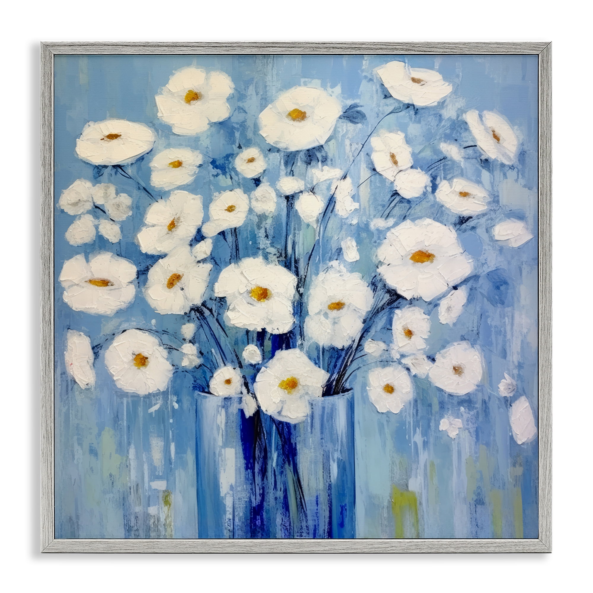 Stupell Industries Bold Blooms on Blue Plants & Flowers Painting Gray Framed Art Print Wall Art, 12 x 12