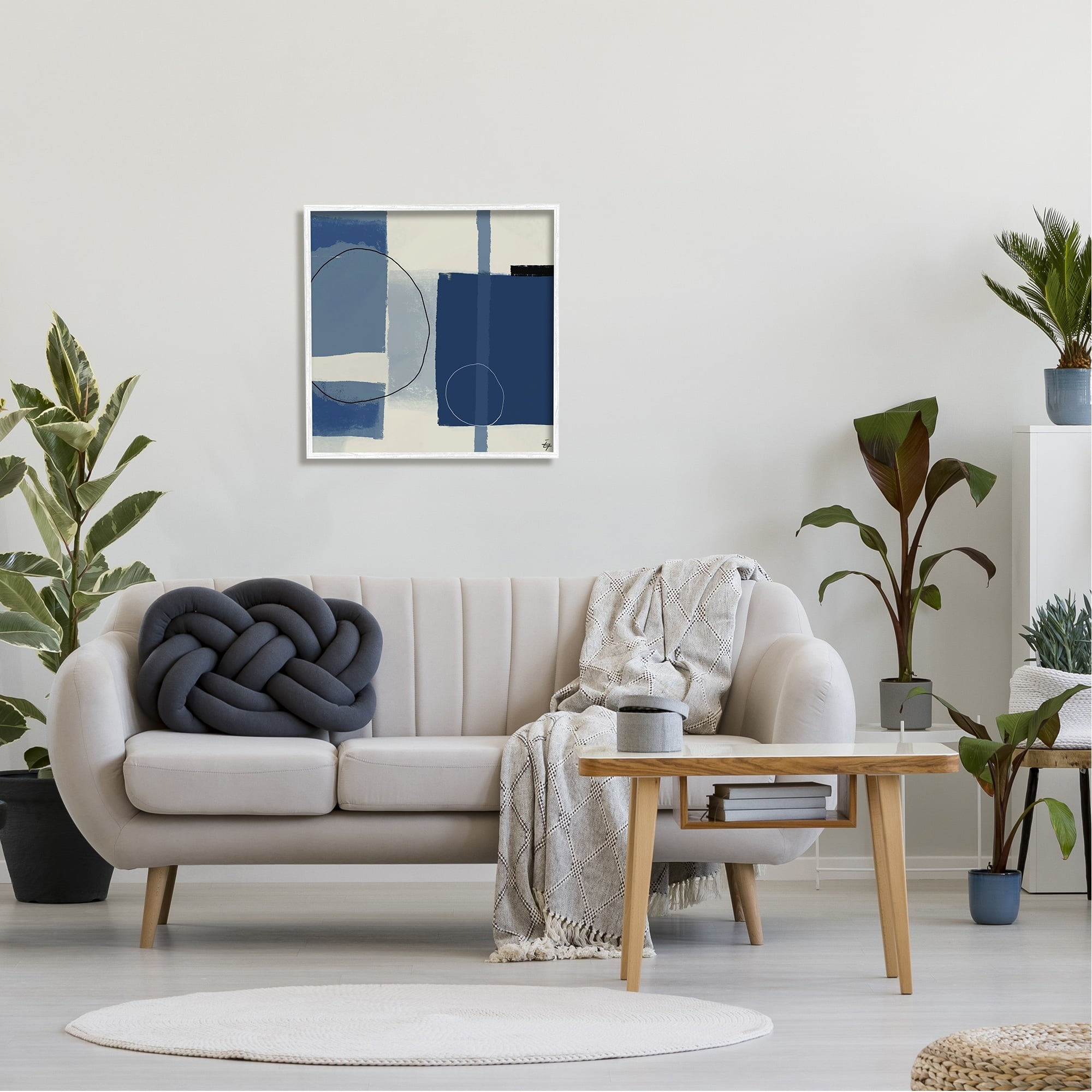 Stupell Industries Bold Blue Abstract Geometric Shapes Circles Squares Painting White Framed Art Print Wall Art, Design by Elizabeth Hale