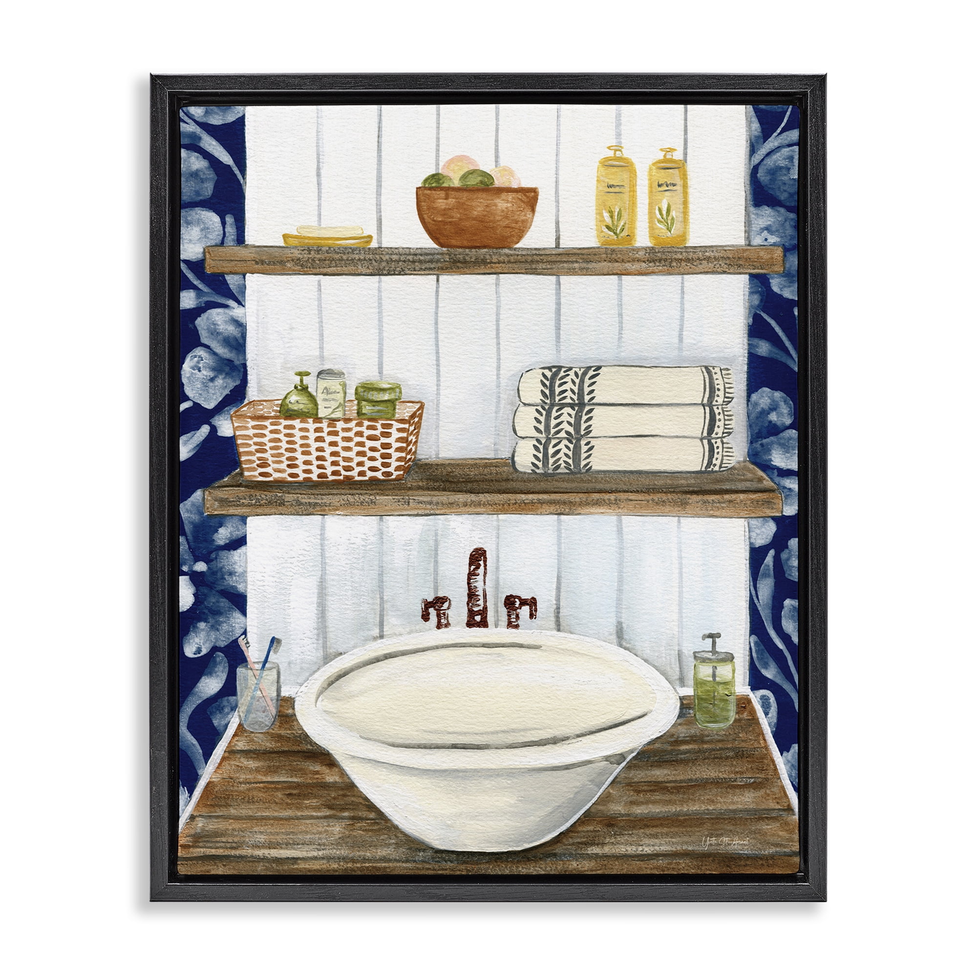 Stupell Industries Bold Blue Bathroom Typography Painting Black Floater Framed Canvas Art Print Wall Art, 25 x 31