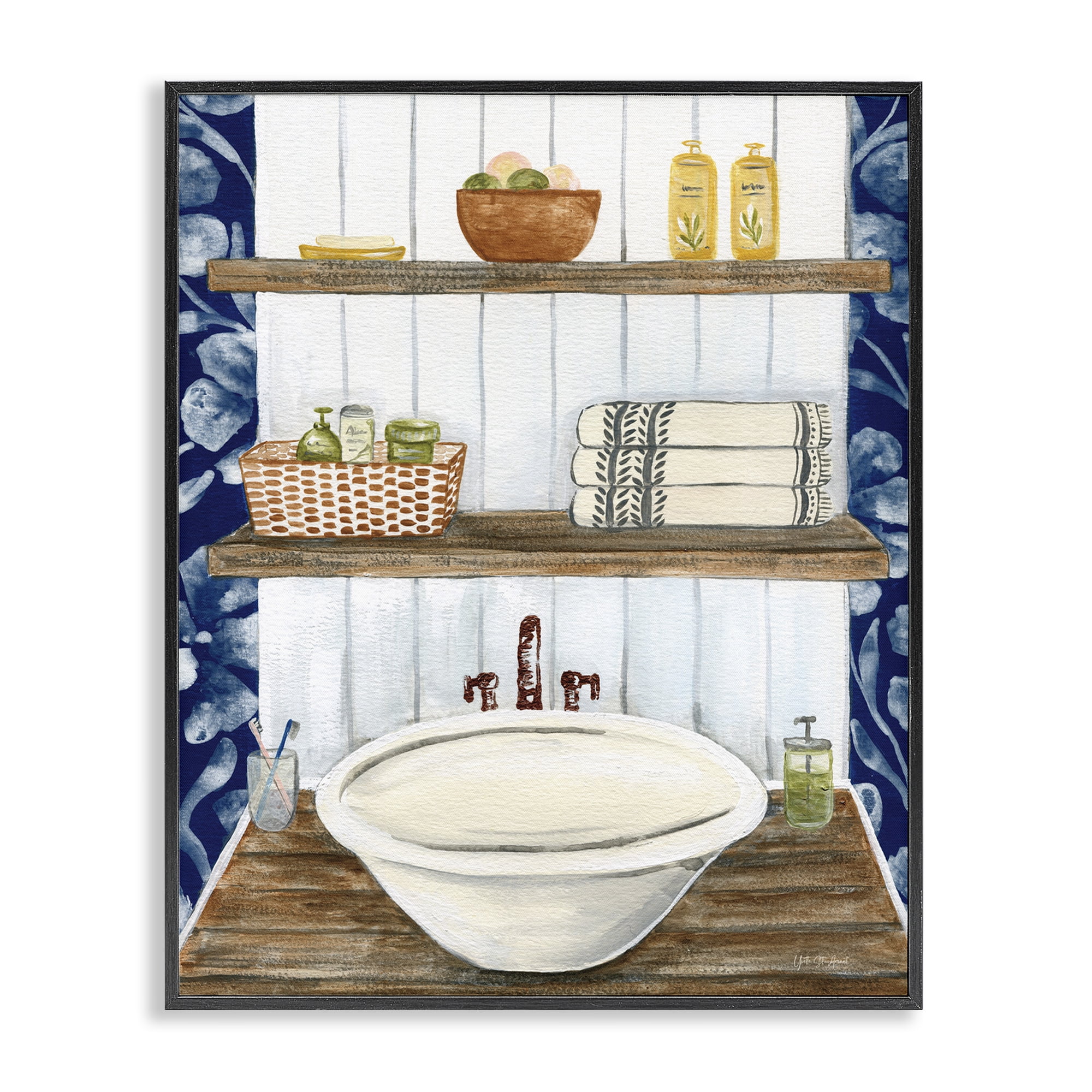 Stupell Industries Bold Blue Bathroom Typography Painting Black Framed Art Print Wall Art, 11 x 14