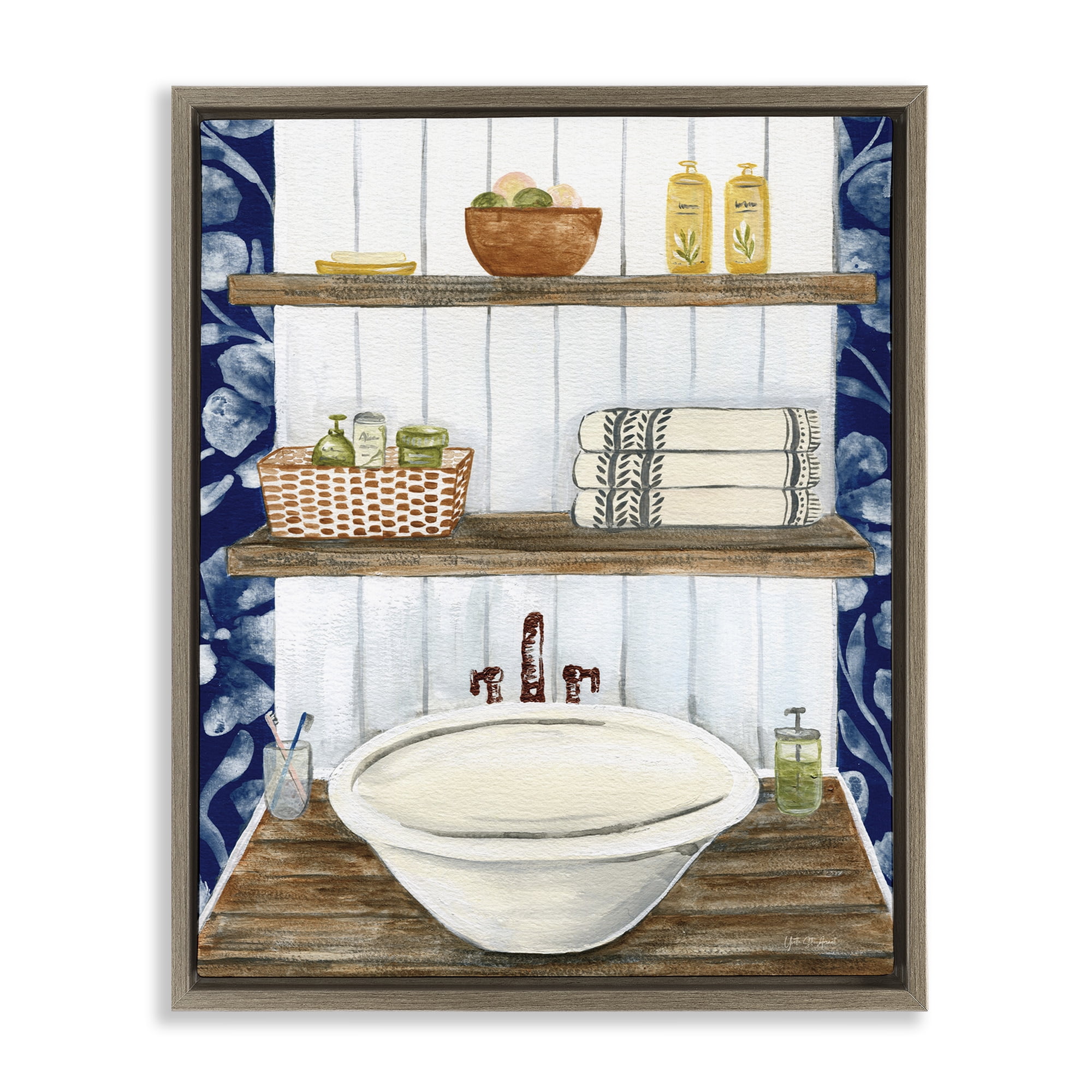 Stupell Industries Bold Blue Bathroom Typography Painting Brown Floater Framed Canvas Art Print Wall Art, 17 x 21