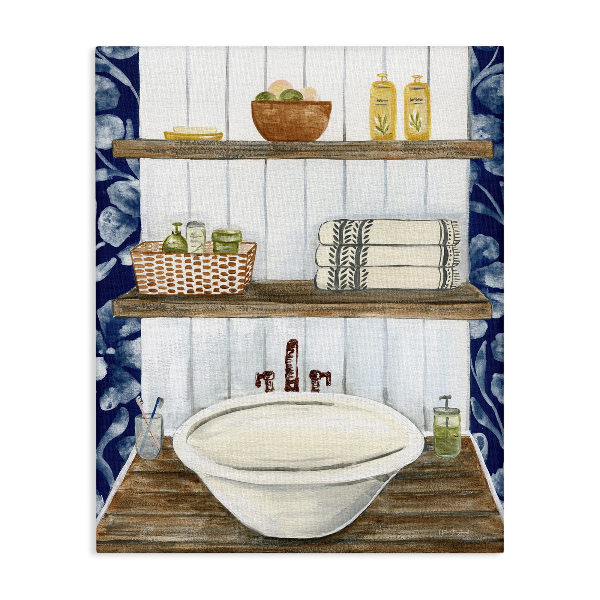 Stupell Industries Bold Blue Bathroom Typography Painting Gallery Wrapped Canvas Art Print Wall Art, 24 x 30