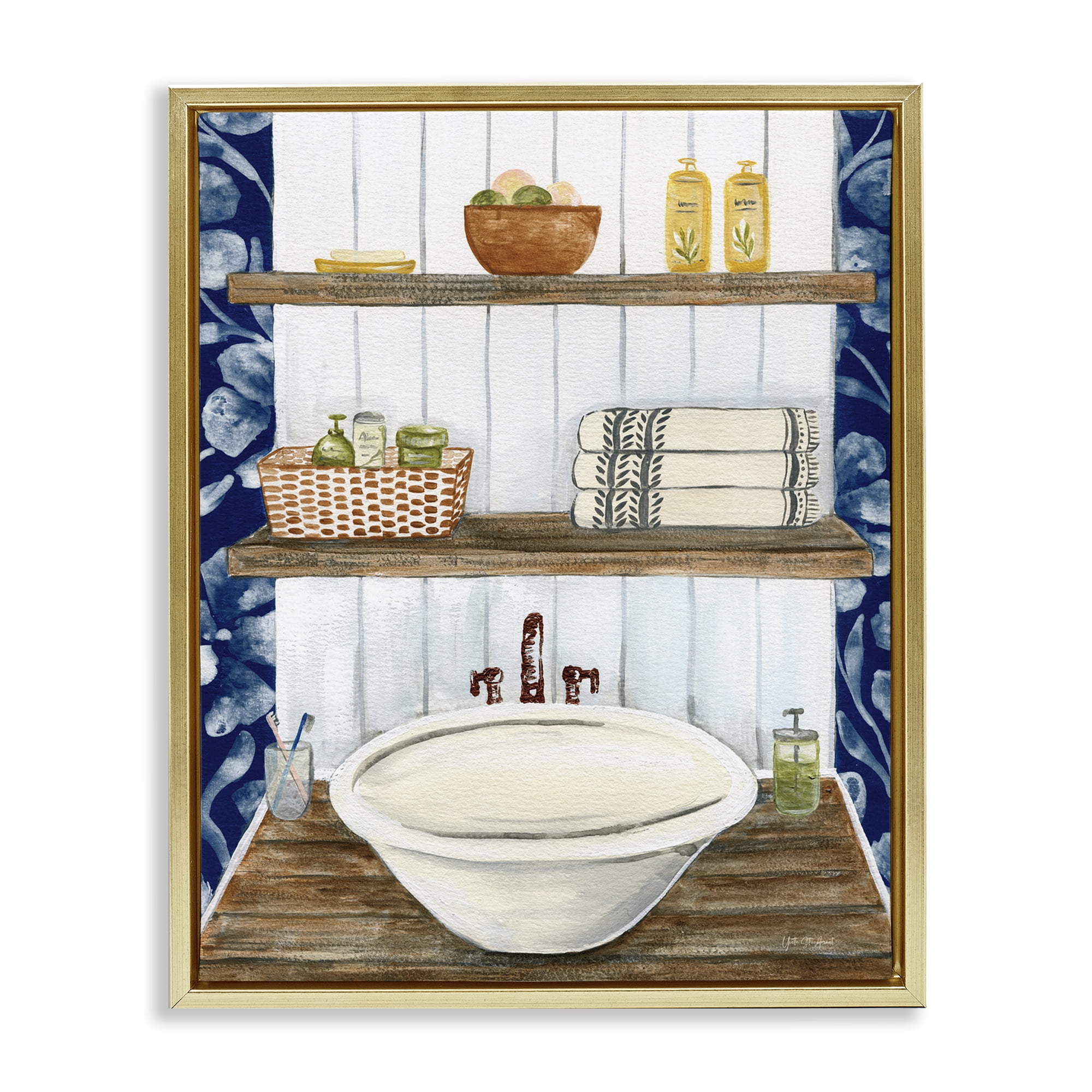 Stupell Industries Bold Blue Bathroom Typography Painting Gold Floater Framed Canvas Art Print Wall Art, 17 x 21