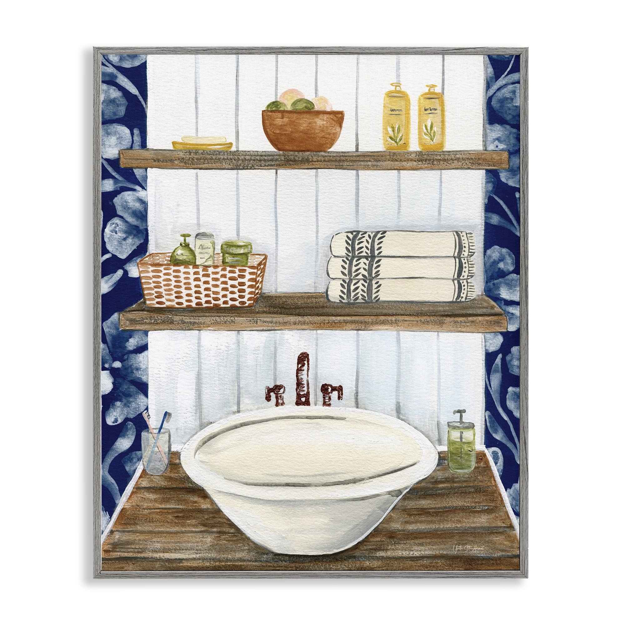Stupell Industries Bold Blue Bathroom Typography Painting Gray Framed Art Print Wall Art, 24 x 30