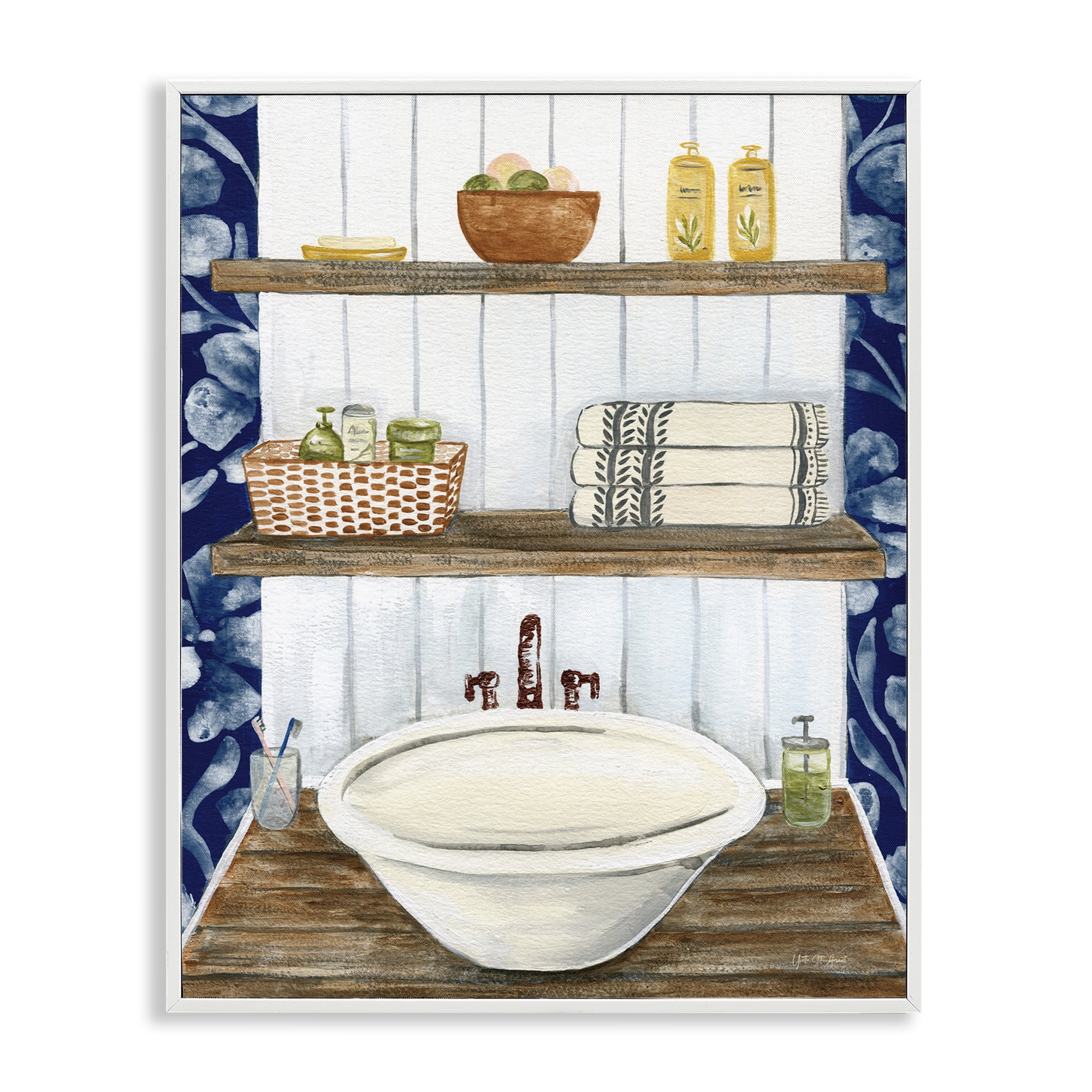 Stupell Industries Bold Blue Bathroom Typography Painting White Framed Art Print Wall Art, 24 x 30