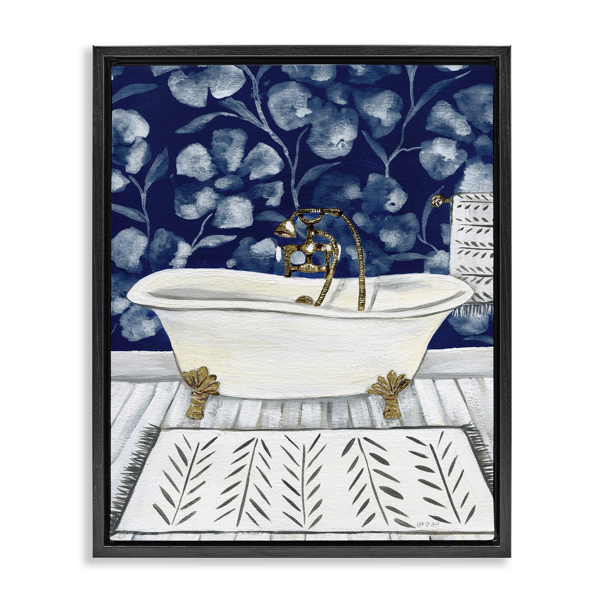 Stupell Industries Bold Blue Bathtub Typography Painting Black Floater Framed Canvas Art Print Wall Art, 17 x 21