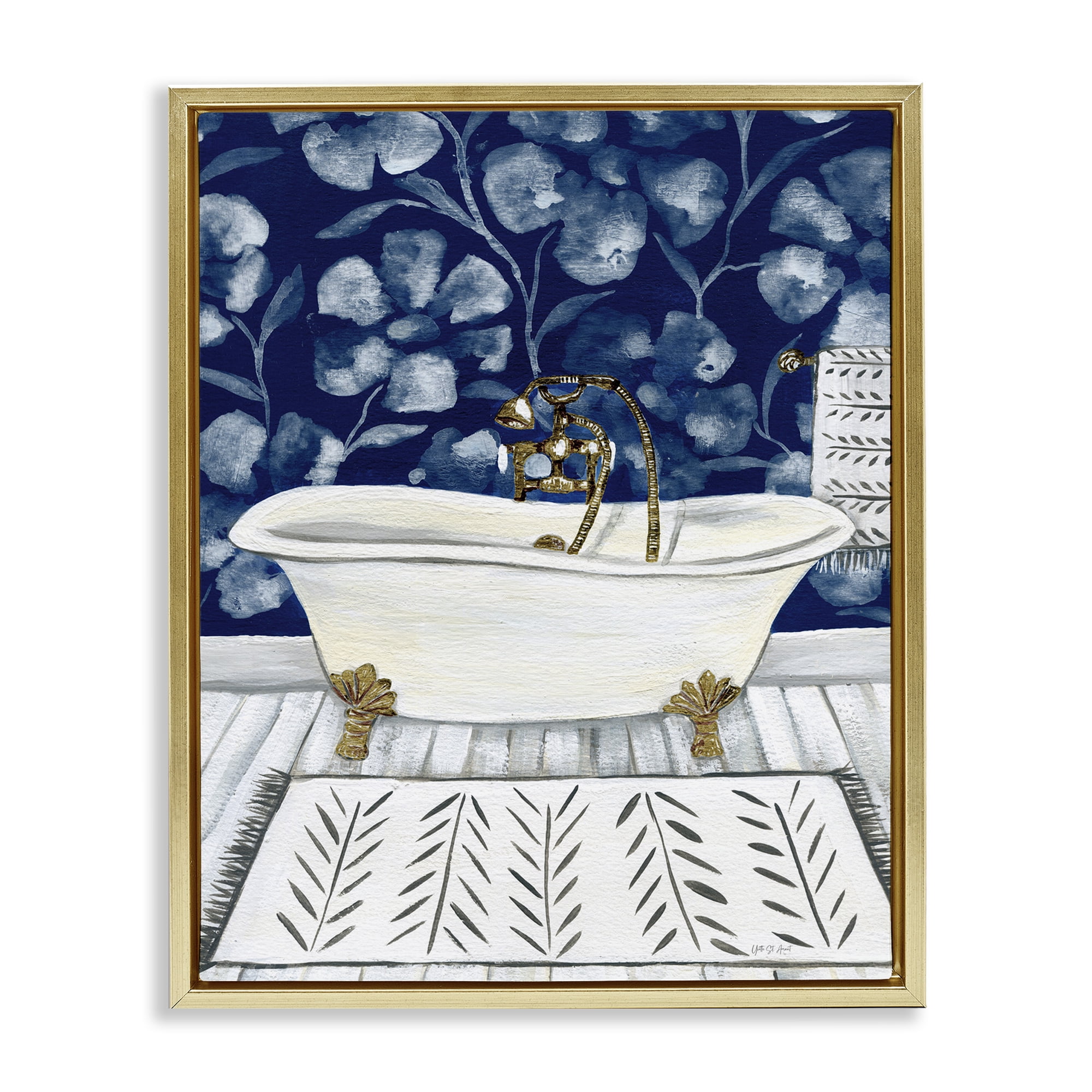 Stupell Industries Bold Blue Bathtub Typography Painting Gold Floater Framed Canvas Art Print Wall Art, 25 x 31