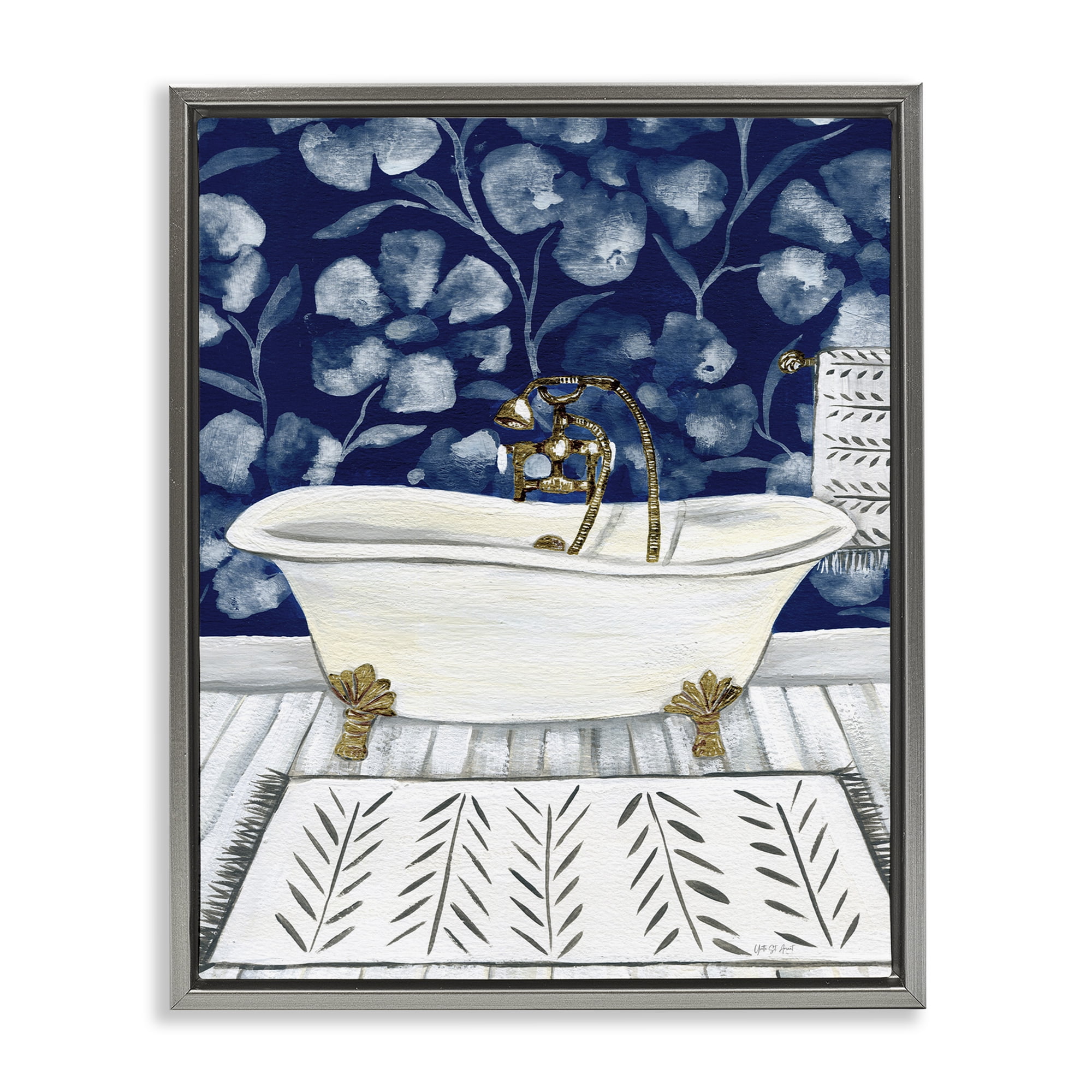 Stupell Industries Bold Blue Bathtub Typography Painting Gray Floater Framed Canvas Art Print Wall Art, 17 x 21