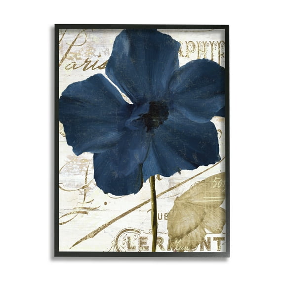 Stupell Industries Bold Blue Flower Petals Vintage Butterfly Script Graphic Art Black Framed Art Print Wall Art, Design by Mindy Sommers