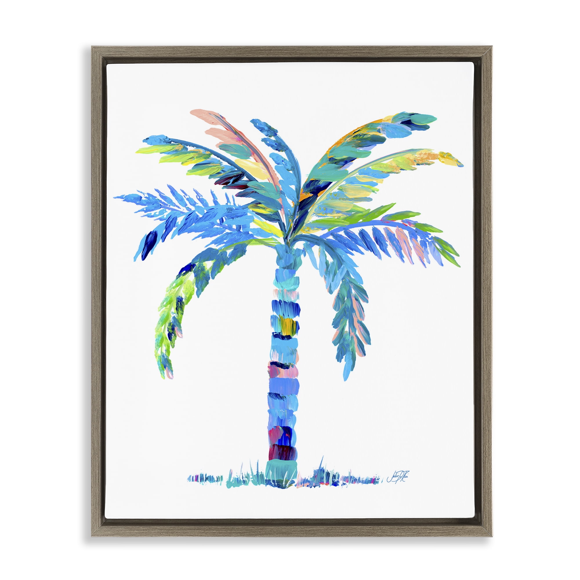 Stupell Industries Bold Blue Palm Tree Botanical & Floral Painting Brown Floater Framed Canvas Art Print Wall Art, 17 x 21