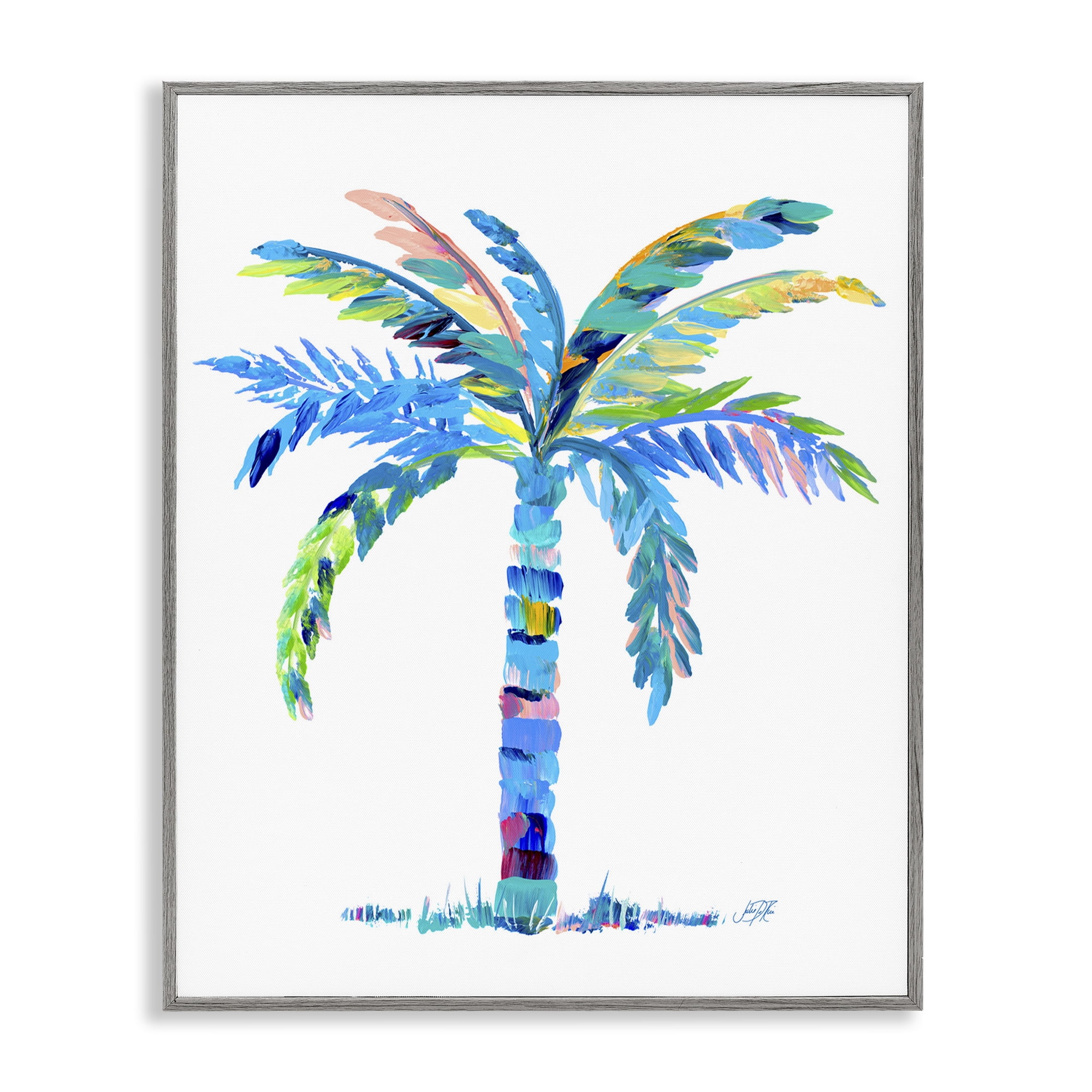Bold Blue Palm Tree Botanical Print in Gray Wood Frame