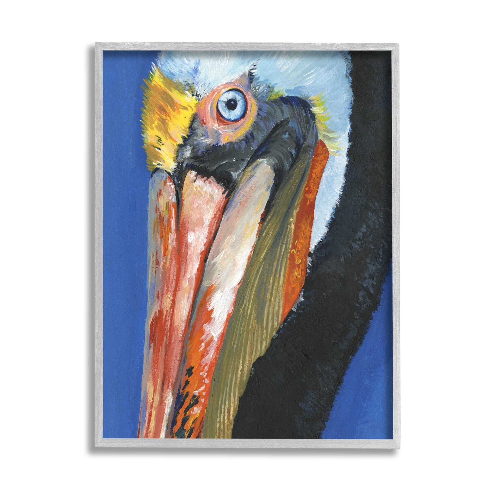 Stupell Industries Bold Blue Pelican Portrait Coastal Painting Gray Framed Art Print Wall Art
