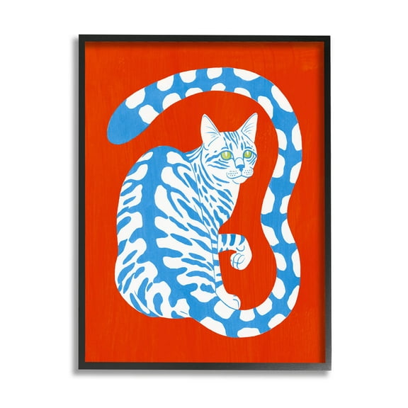 Stupell Industries Bold Blue Striped Curved Cat Tail Graphic Art Black Framed Art Print Wall Art, Design by Grace Popp