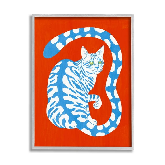 Stupell Industries Bold Blue Striped Curved Cat Tail Graphic Art Gray Framed Art Print Wall Art, Design by Grace Popp