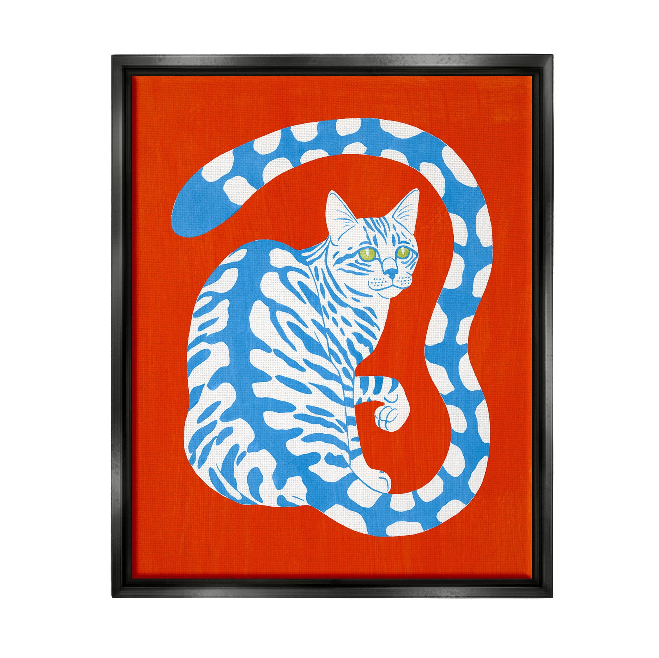 Stupell Industries Bold Blue Striped Curved Cat Tail Graphic Art Jet Black Floating Framed Canvas Print Wall Art, Design by Grace Popp