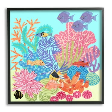 Stupell Industries Bold Coral Reef Underwater Patterned Fish Shapes Graphic Art Black Framed Art Print Wall Art, Design by unknown