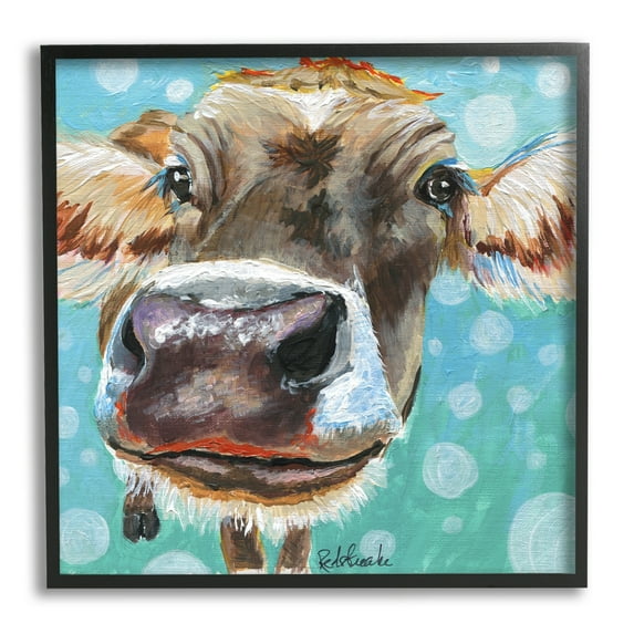 Stupell Industries Bold Cow Cattle Portrait Blue Bubbles Pattern Painting Black Framed Art Print Wall Art, Design by Jennifer Redstreake