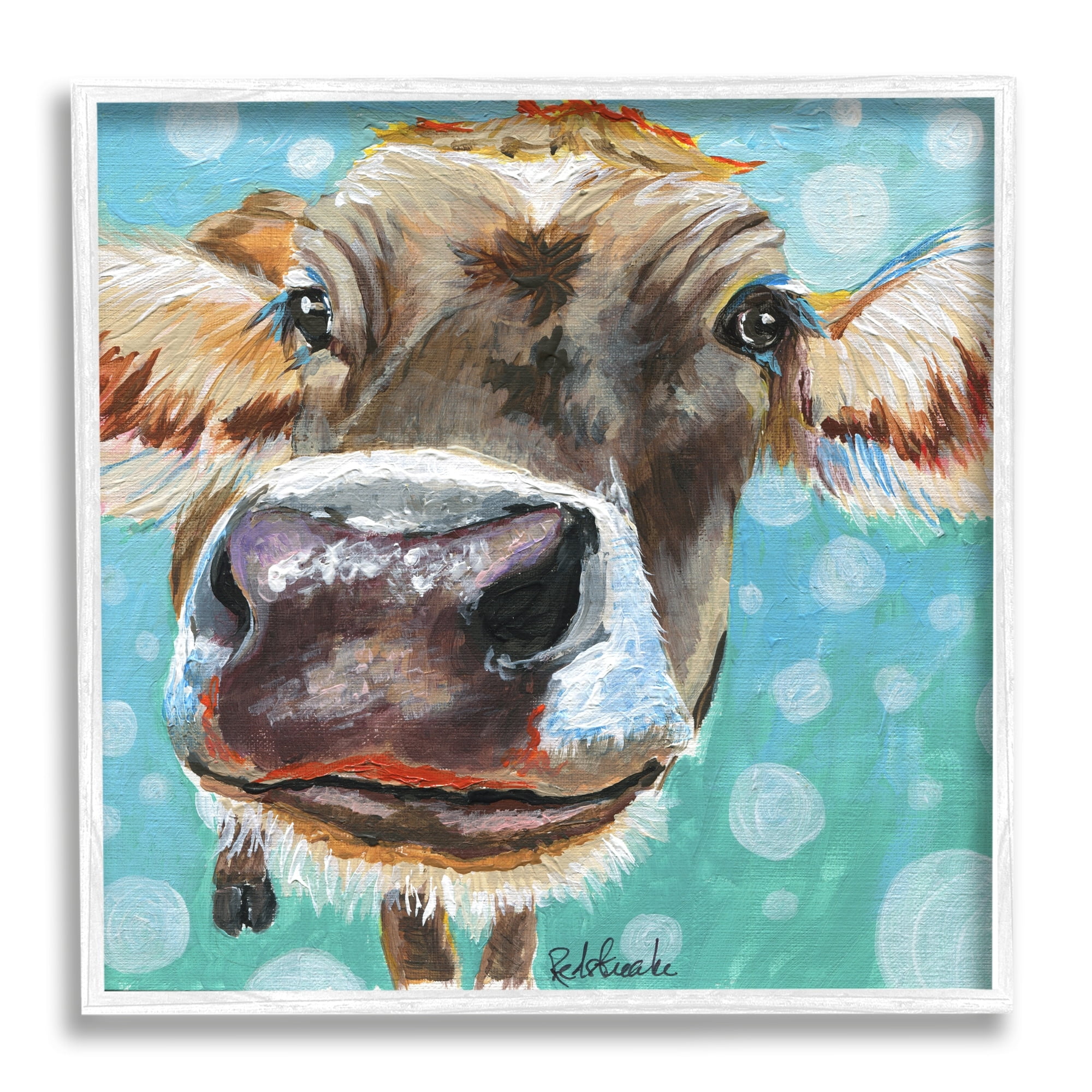 Stupell Industries Bold Cow Cattle Portrait Blue Bubbles Pattern Painting White Framed Art Print Wall Art, Design by Jennifer Redstreake